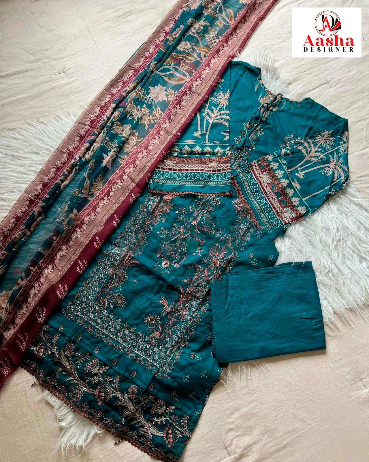 AASHA DESIGNER DESIGN NO - 1065 BCD PURE COTTON PRINT SELF EMBROIDERED SALWAR SUIT