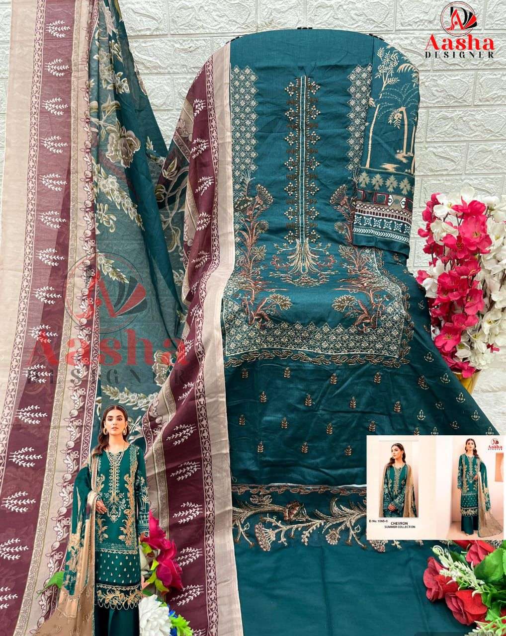 AASHA DESIGNER DESIGN NO - 1065 BCD PURE COTTON PRINT SELF EMBROIDERED SALWAR SUIT