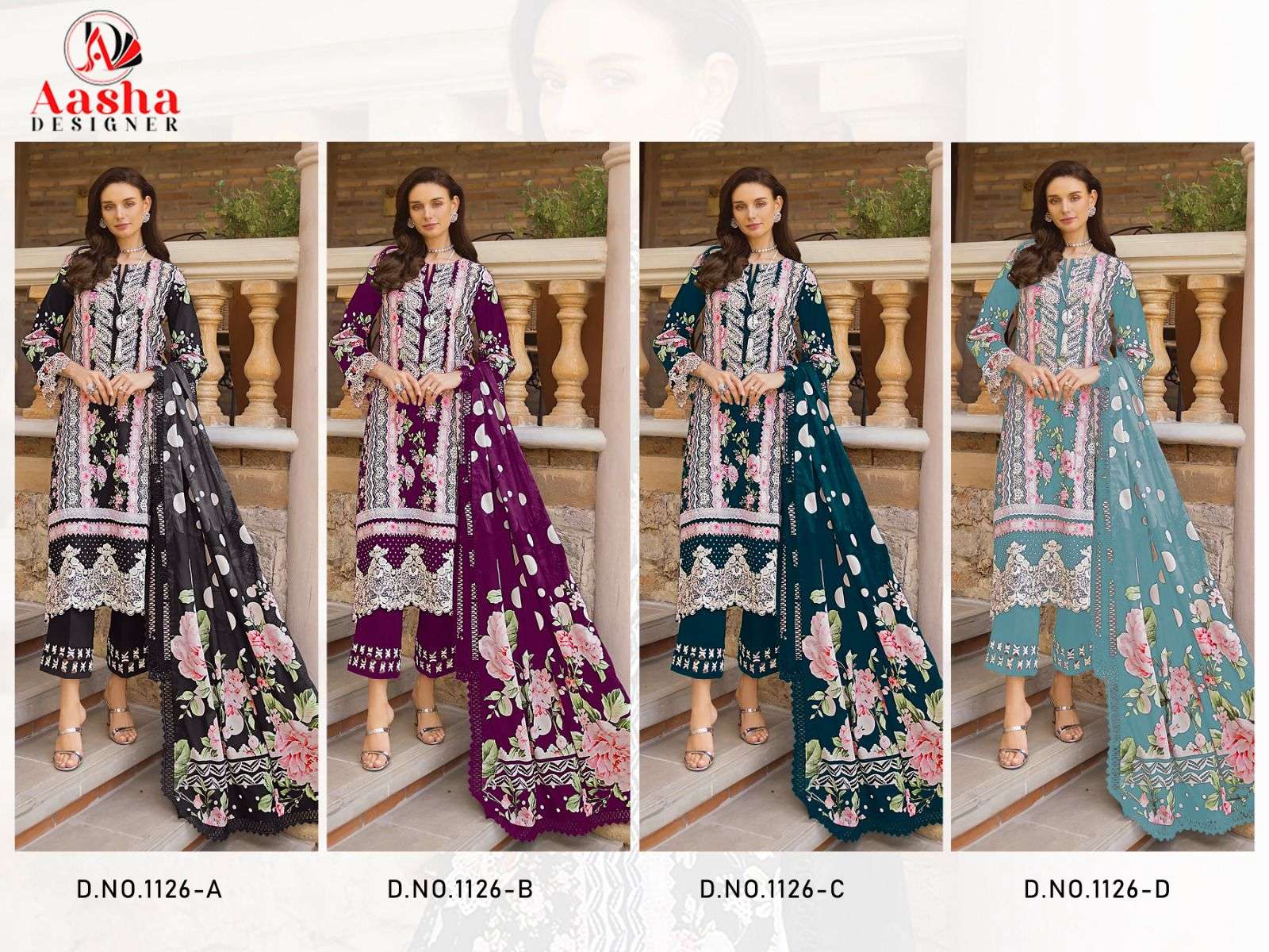 AASHA DESIGNER DESIGN NO - 1126 ABCD HEAVY EMBROIDERED PARTY WEAR SUIT