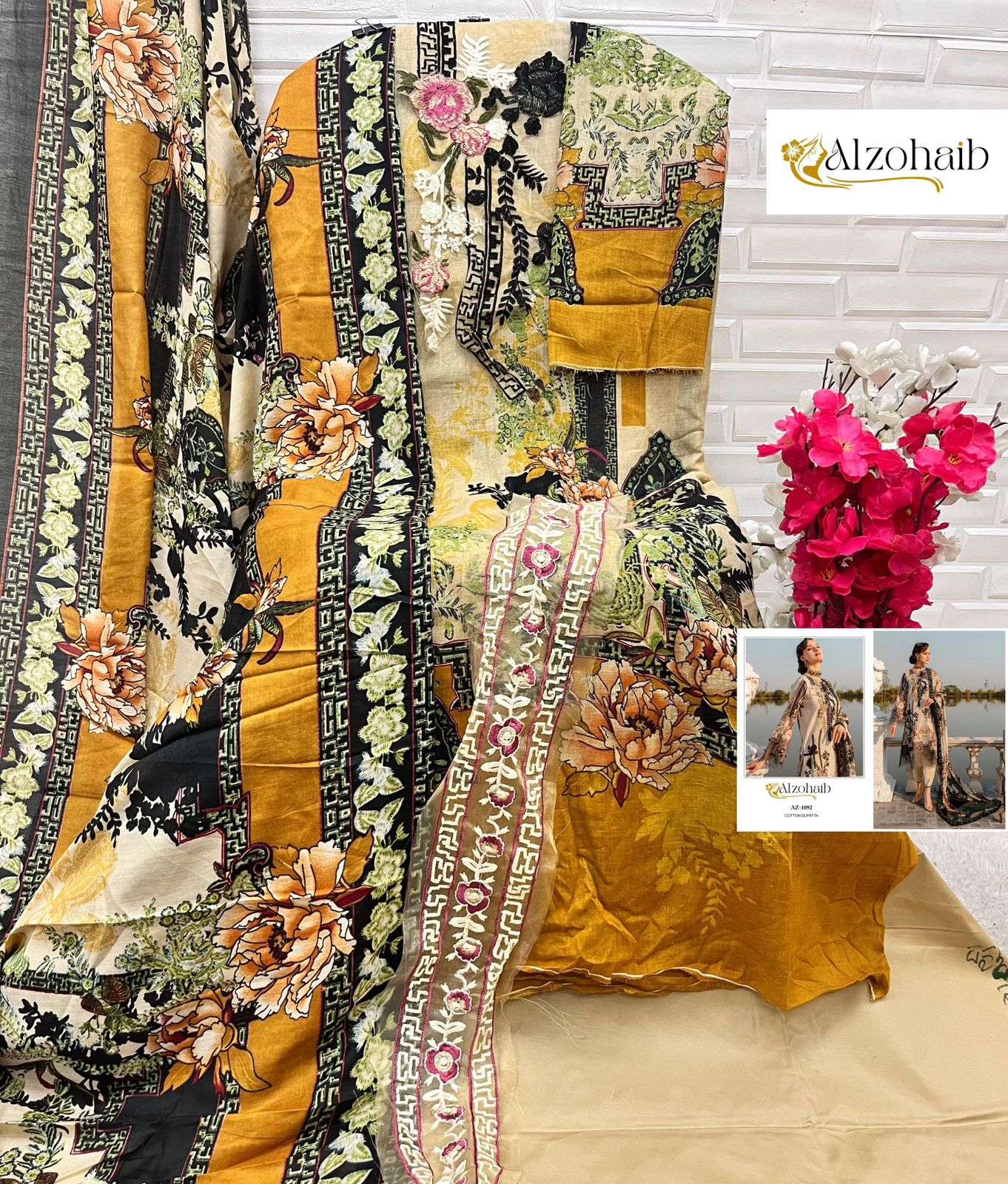 AL ZOHAIB DESIGN NO - 1092 PURE COTTON PRINT HEAVY EMBROIDERED PAKISTANI SALWAR SUIT