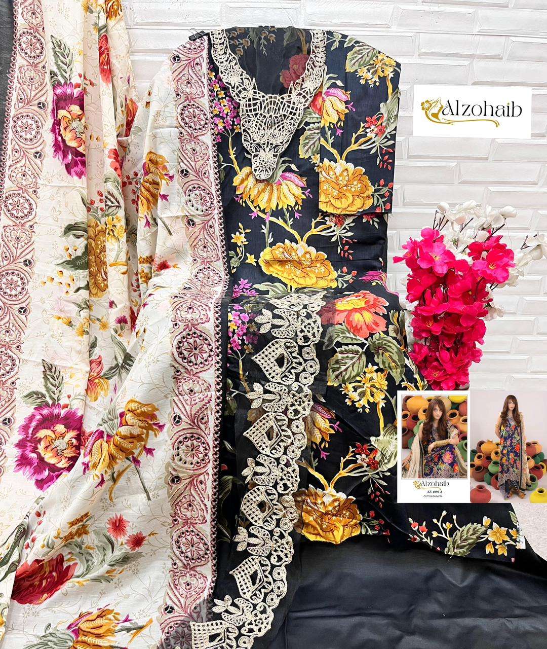 AL ZOHAIB DESIGN NO - 1098 ABC PURE COTTON PRINT HEAVY EMBROIDERED SALWAR SUIT