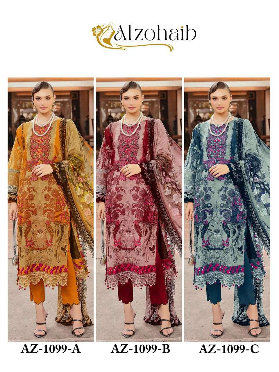 AL ZOHAIB DESIGN NO - 1099 ABC PURE COTTON PRINT HEAVY EMBROIDERED PAKISTANI SALWAR SUIT