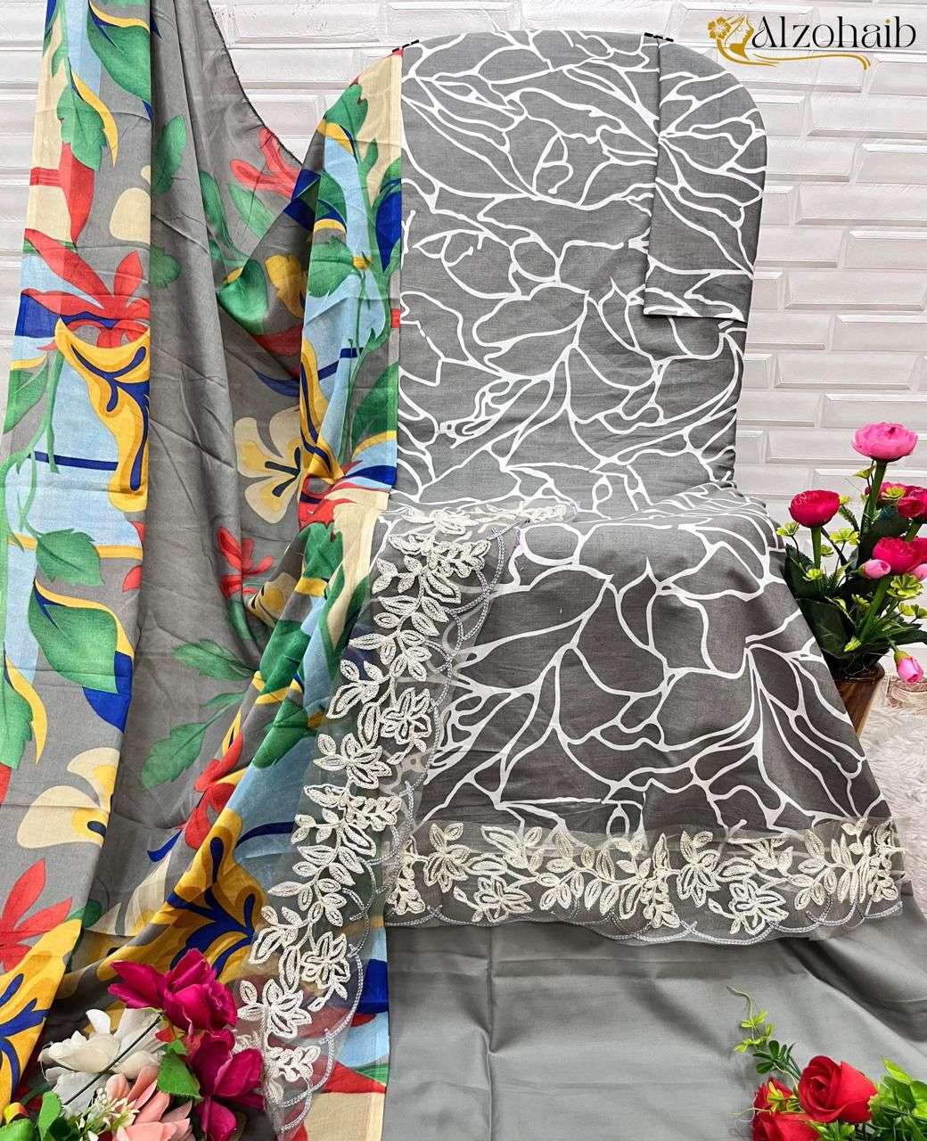 AL ZOHAIB M BASIC DESIGN NO - 1022 PURE COTTON PRINT EMBROIDERED PAKISTANI SUIT