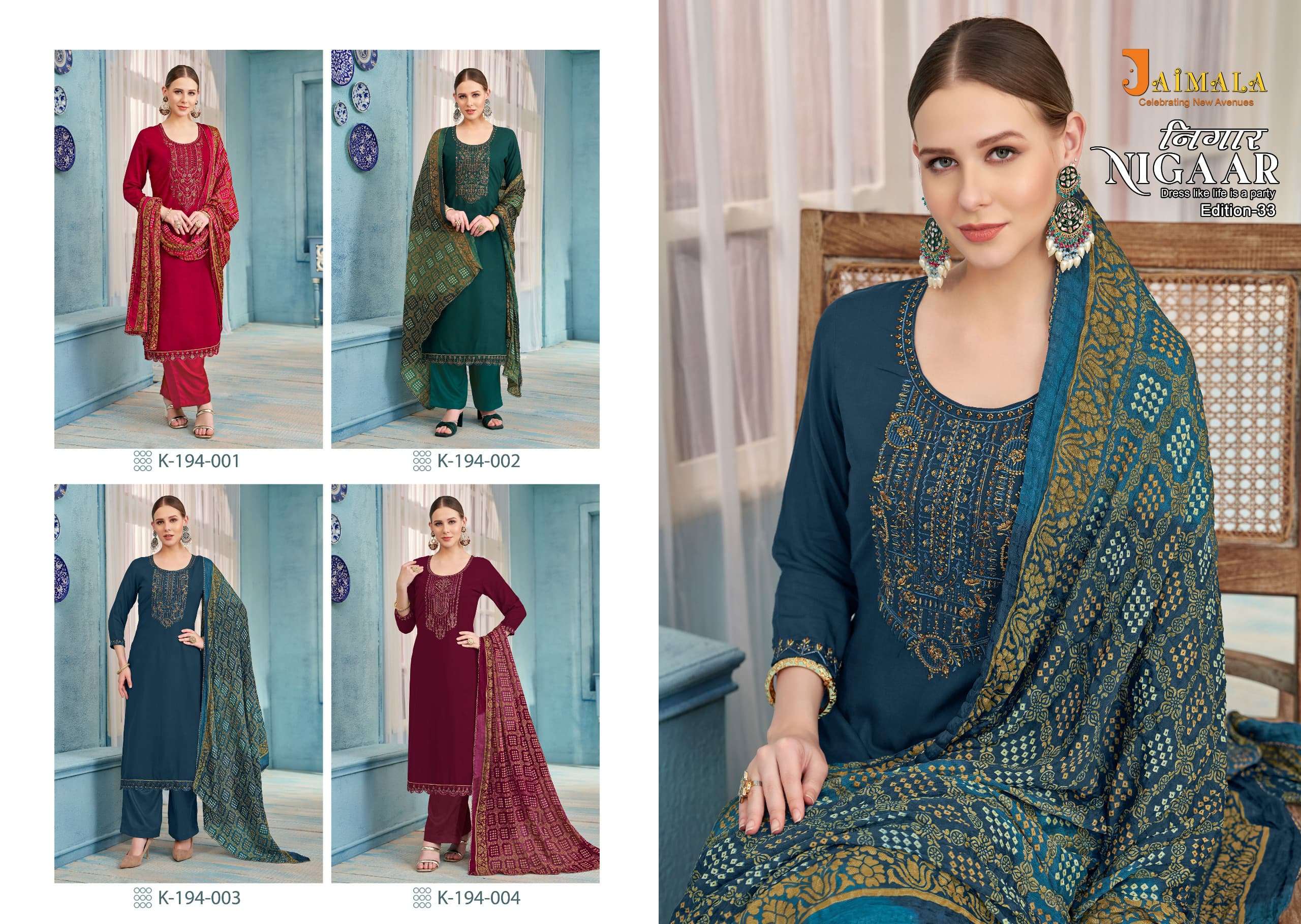 ALOK SUITS JAIMALA NIGAAR VOL 33 RAYON FANCY EMBROIDERY WORK SUIT