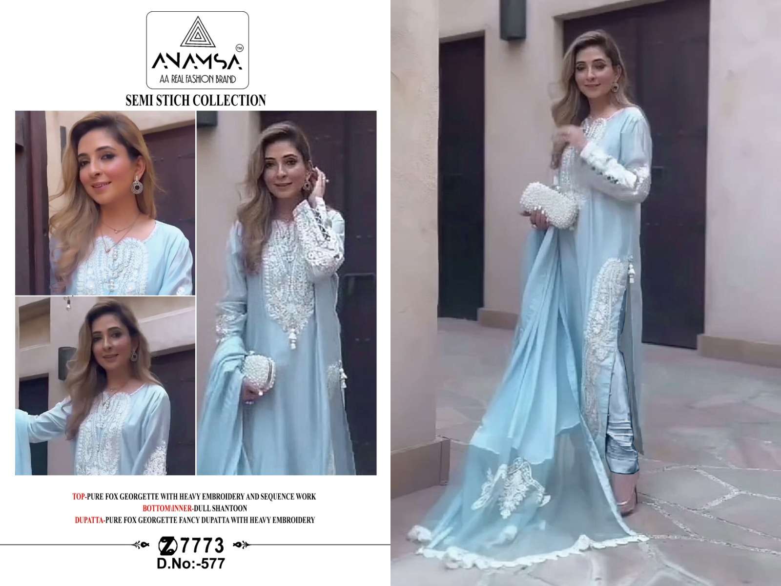 ANAMSA - 577 BEAUTIFUL DESIGN PURE FOX GEORGETTE HEAVY EMBROIDERED PARTY WEAR SUIT