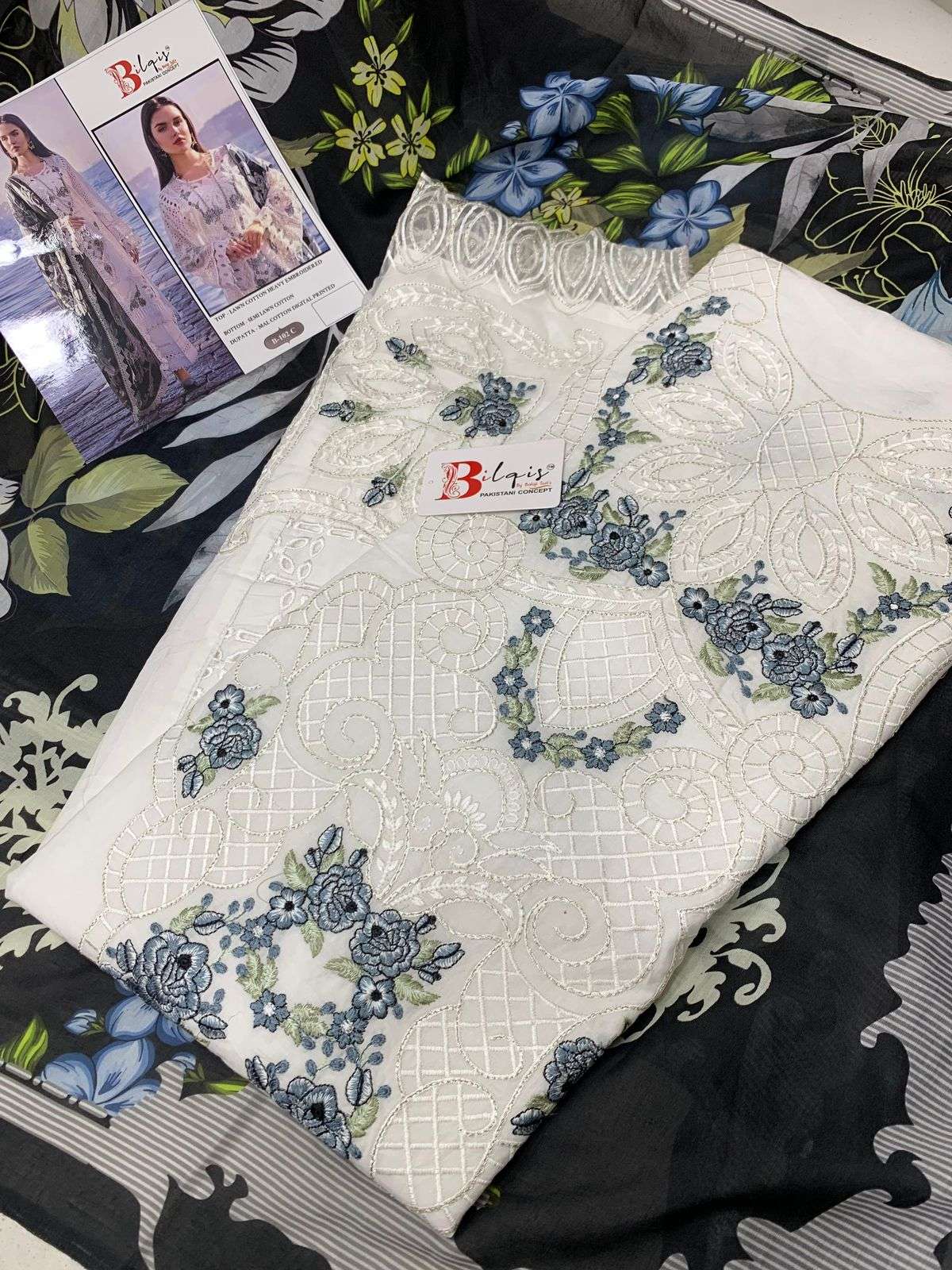 BILQISTM DESIGN NO - B 102 A to C CAMBRIC LAWN COTTON EMBROIDERED SALWAR SUIT