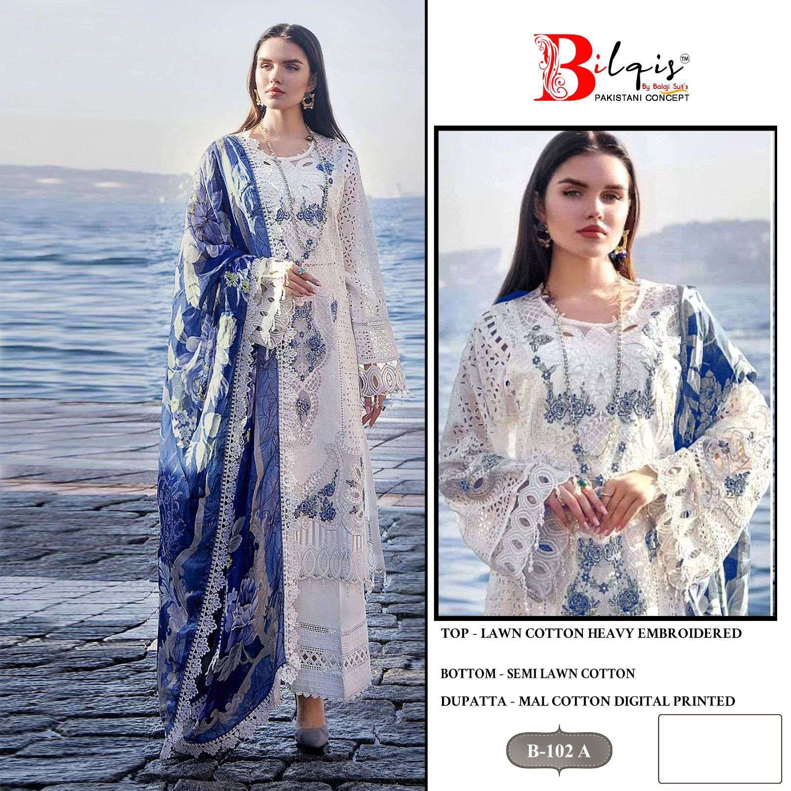BILQISTM DESIGN NO - B 102 A to C CAMBRIC LAWN COTTON EMBROIDERED SALWAR SUIT