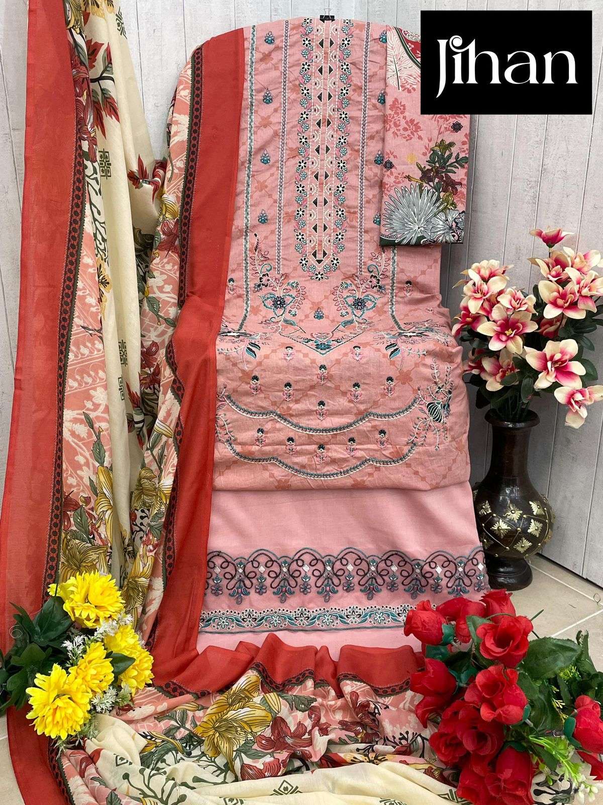 JIHAN DESIGN NO - 3431-3432-3433 PURE LAWN  COTTON HEAVY SELF EMBROIDERED SALWAR SUIT
