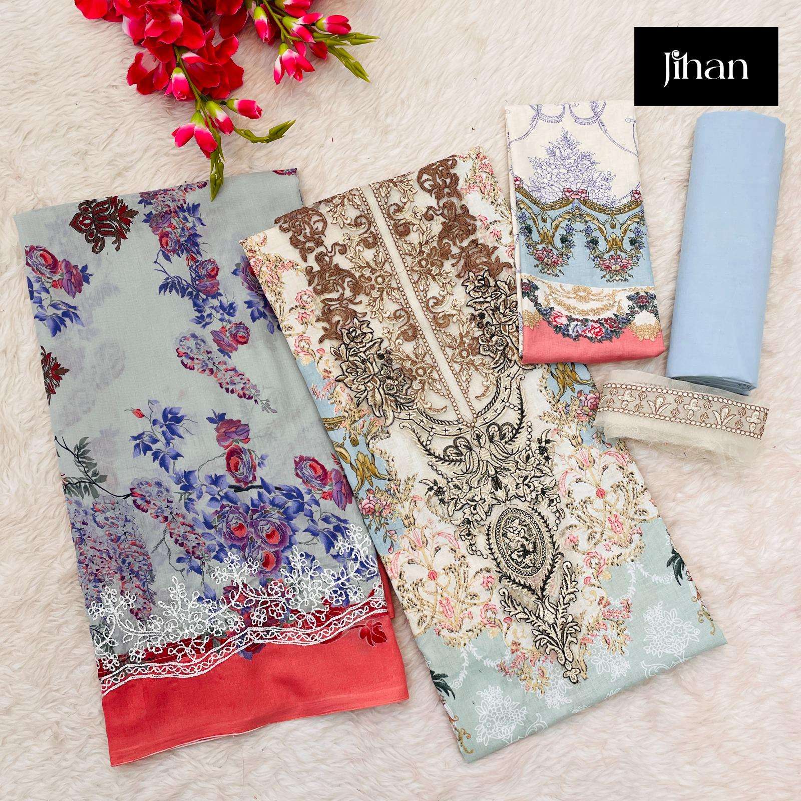 JIHAN DESIGN NO - 3439-3440-3443-3444 PURE COTTON PRINT PATCH EMBROIDERY SALWAR SUIT