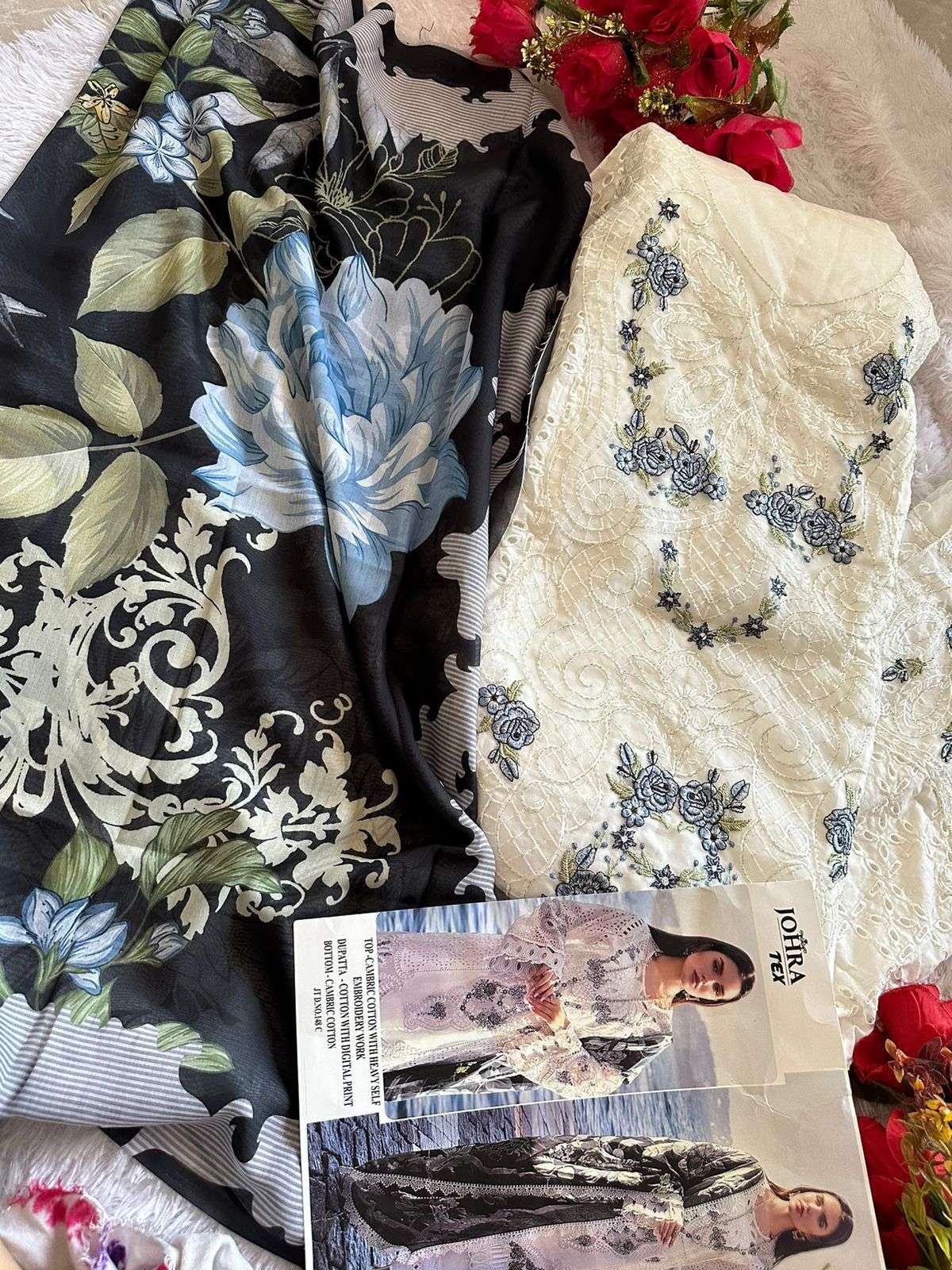 JOHRA TEX DESIGN NO JT - 148 CAMBRIC COTTON HEAVY EMBROIDERED PARTY WEAR SUIT
