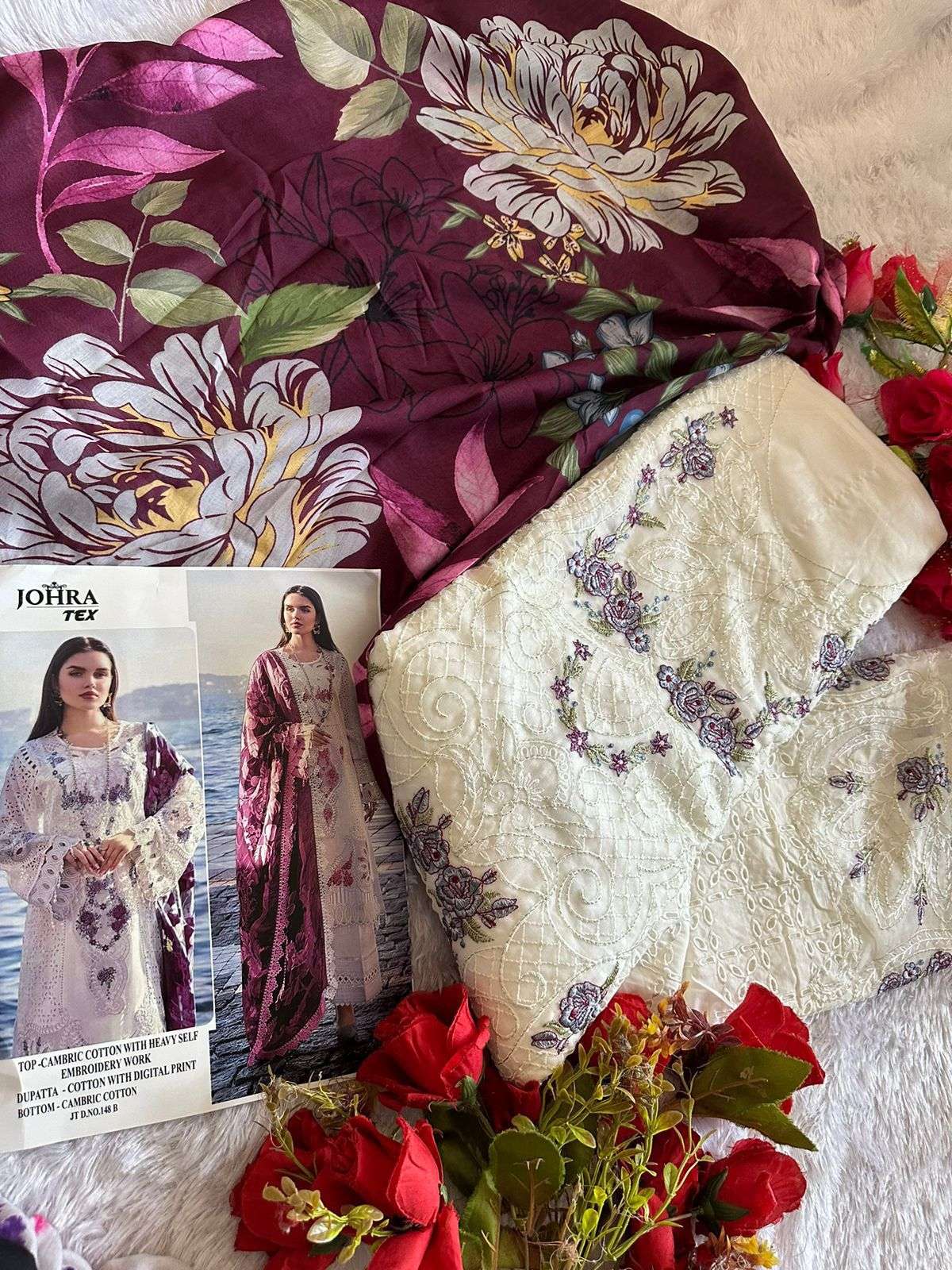 JOHRA TEX DESIGN NO JT - 148 CAMBRIC COTTON HEAVY EMBROIDERED PARTY WEAR SUIT