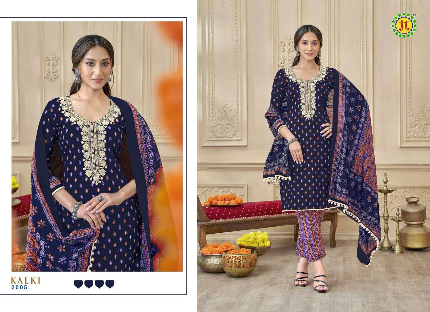 JT KALKI VOL 2 COTTON PRINT WITH FANCY NECK WORK SUIT