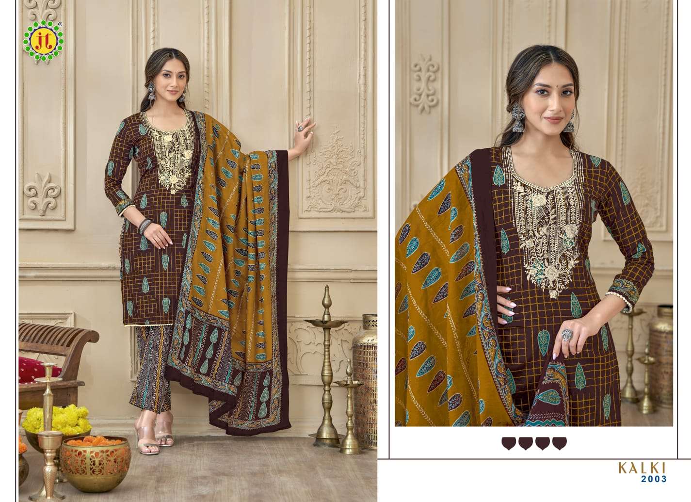 JT KALKI VOL 2 COTTON PRINT WITH FANCY NECK WORK SUIT