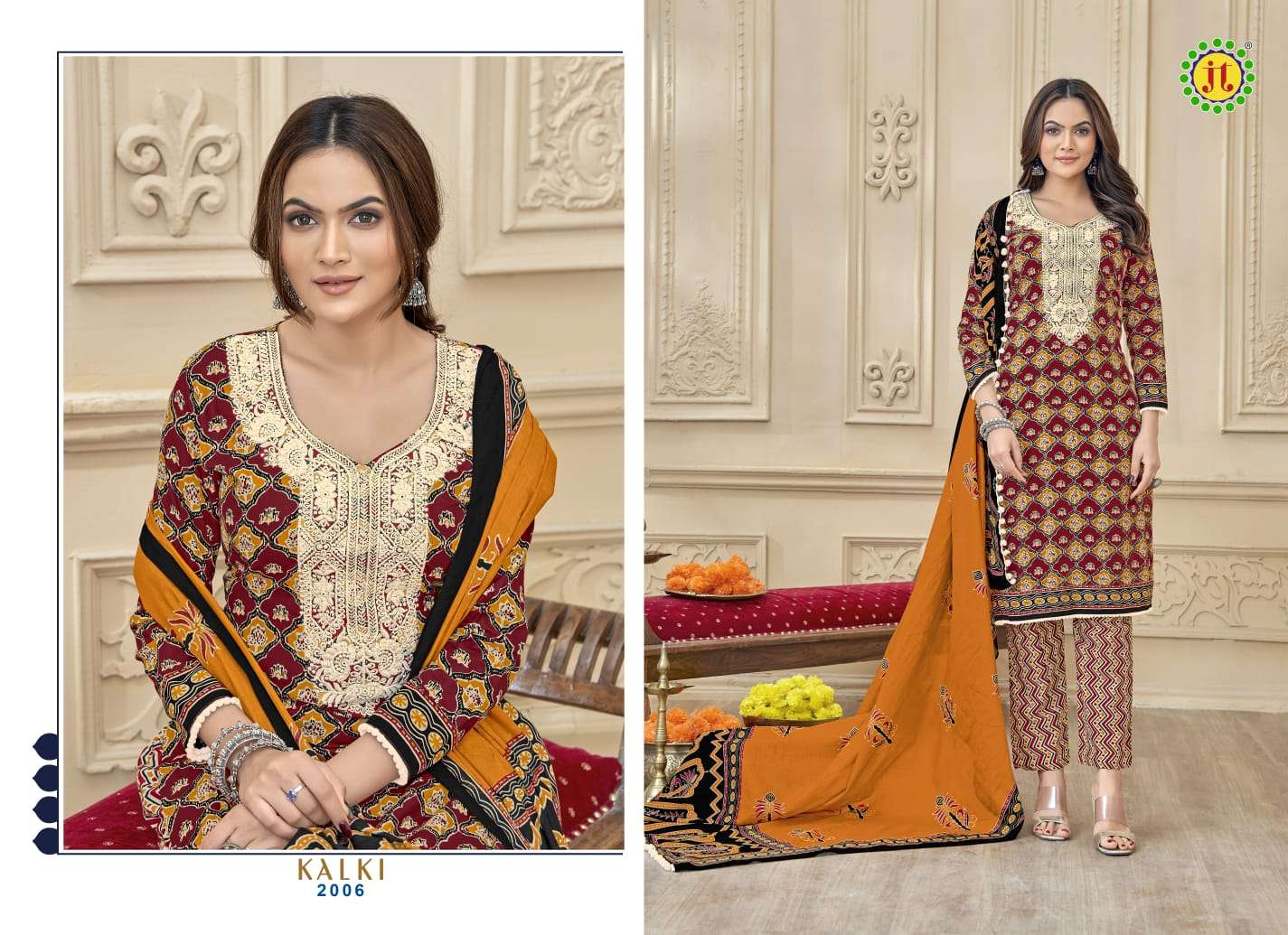 JT KALKI VOL 2 COTTON PRINT WITH FANCY NECK WORK SUIT