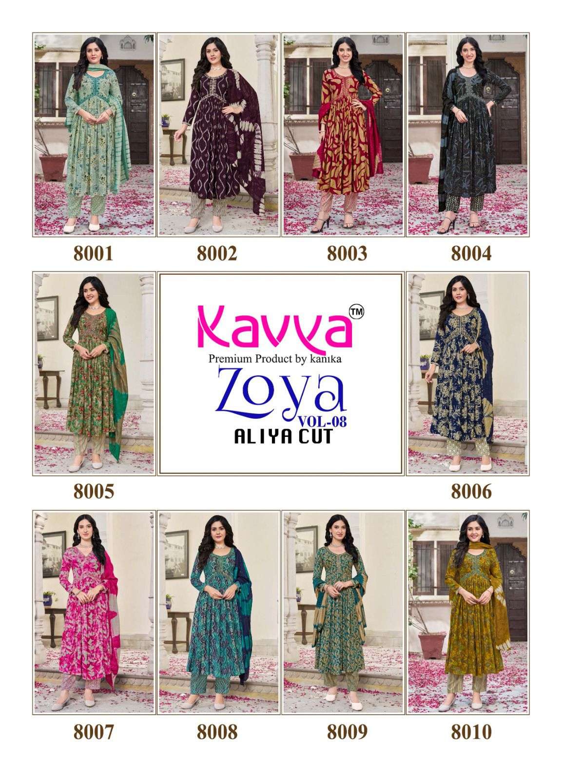 KAVYA ZOYA VOL 8 ALIYA CUT PAATERN FANCY KURTI COMO SET 