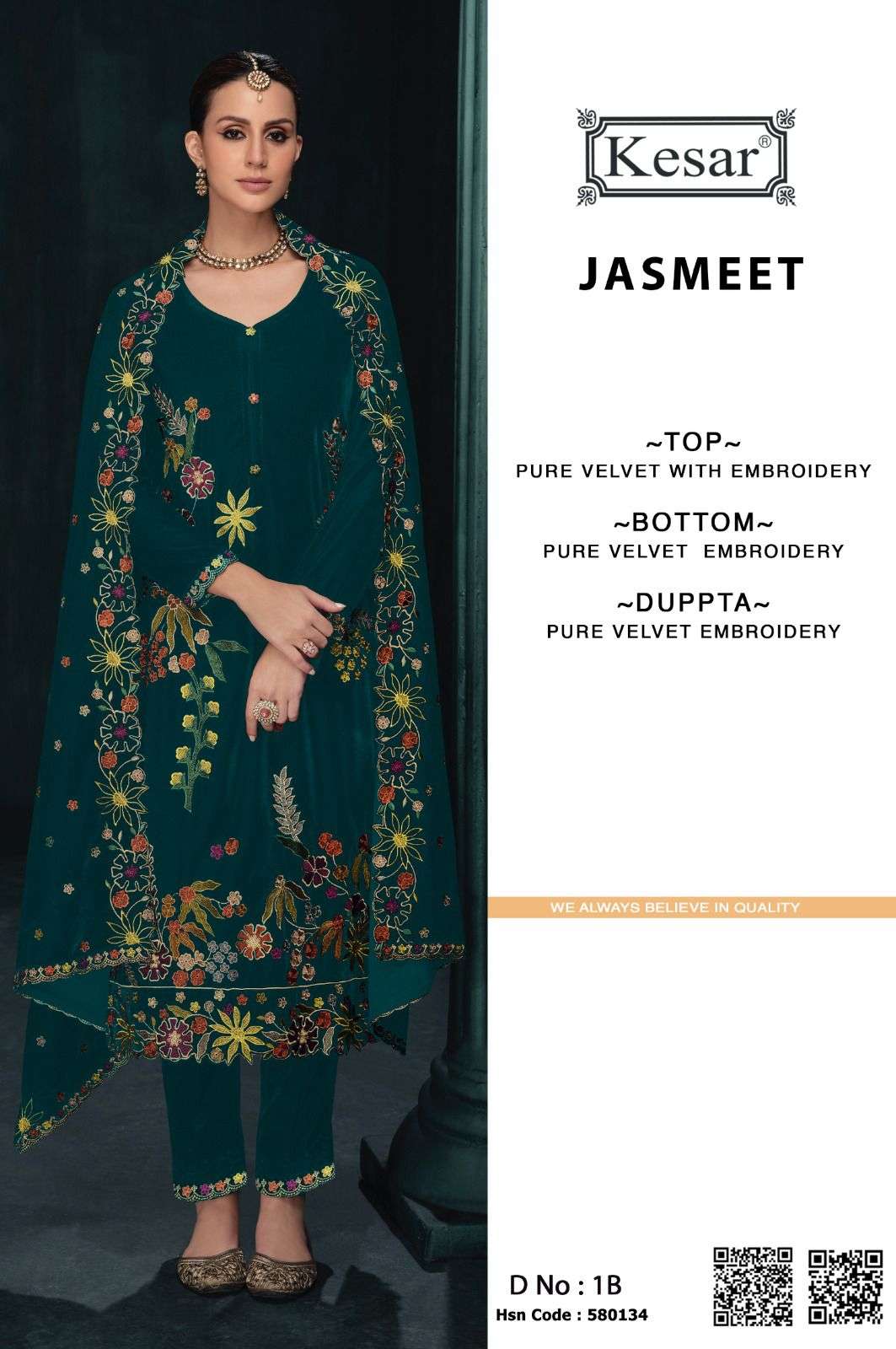 KESAR JASMEET VELVET WITH HEAVY EMBROIDERY DESIGNER SUIT