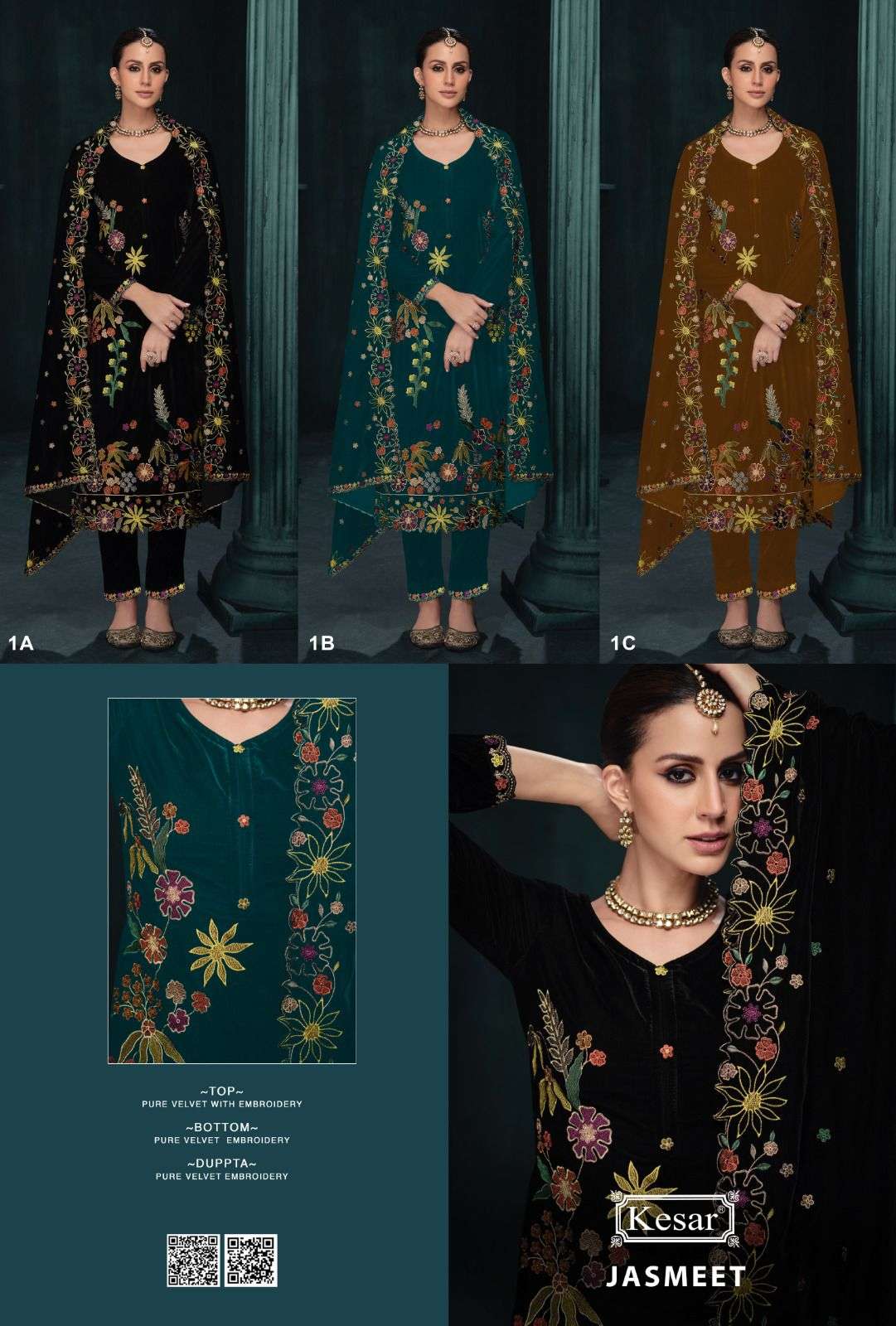 KESAR JASMEET VELVET WITH HEAVY EMBROIDERY DESIGNER SUIT