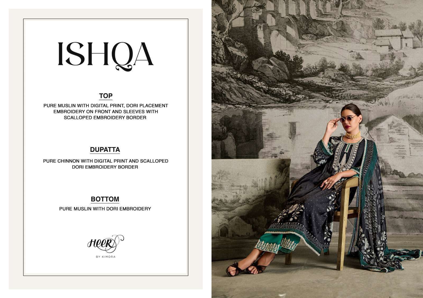 KIMORA HEER ISHQA MUSLIN DIGITAL PRINT WITH EMBROIDERY DESIGNER SUIT