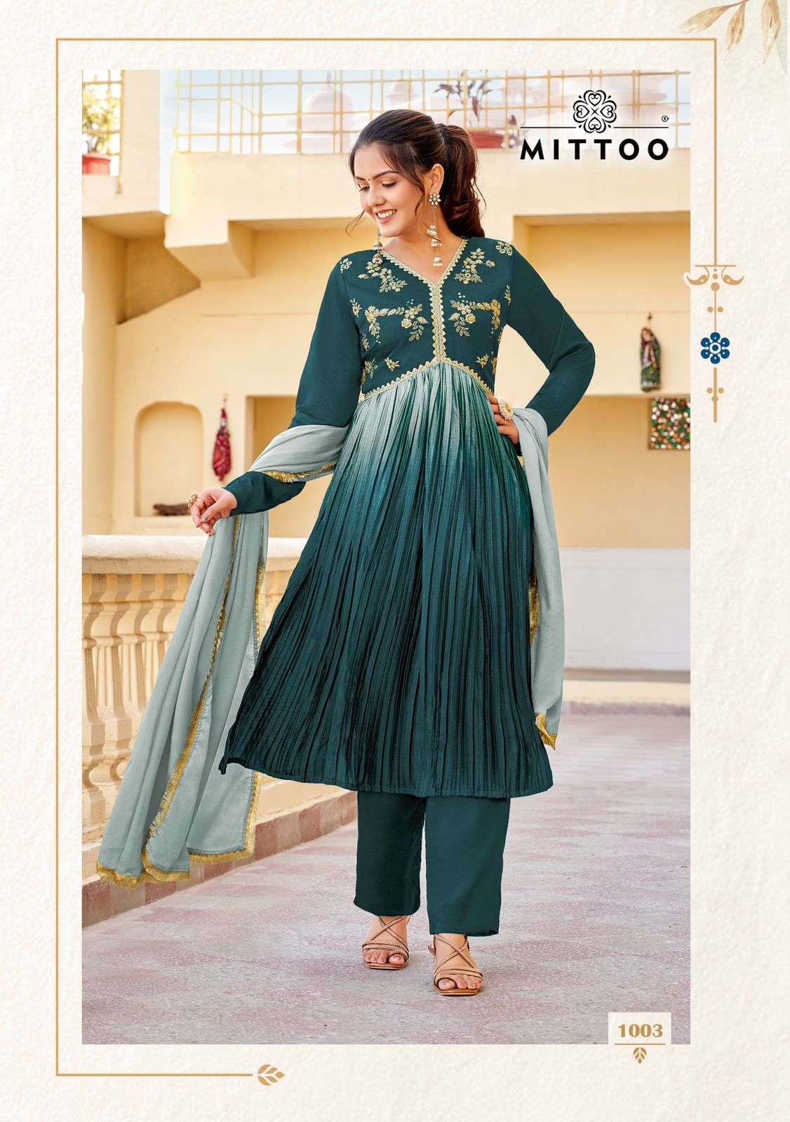 MITTOO KALIKA SHADED FABRIC FANCY ALIYA CUT PATTERN KURTI COMBO SET 