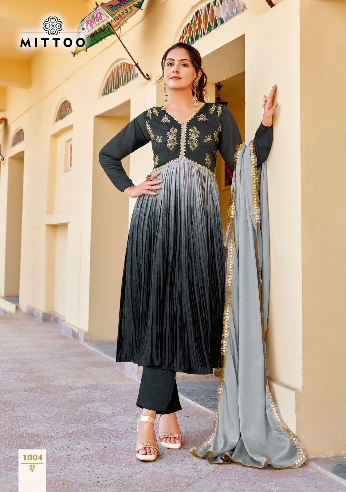 MITTOO KALIKA SHADED FABRIC FANCY ALIYA CUT PATTERN KURTI COMBO SET 