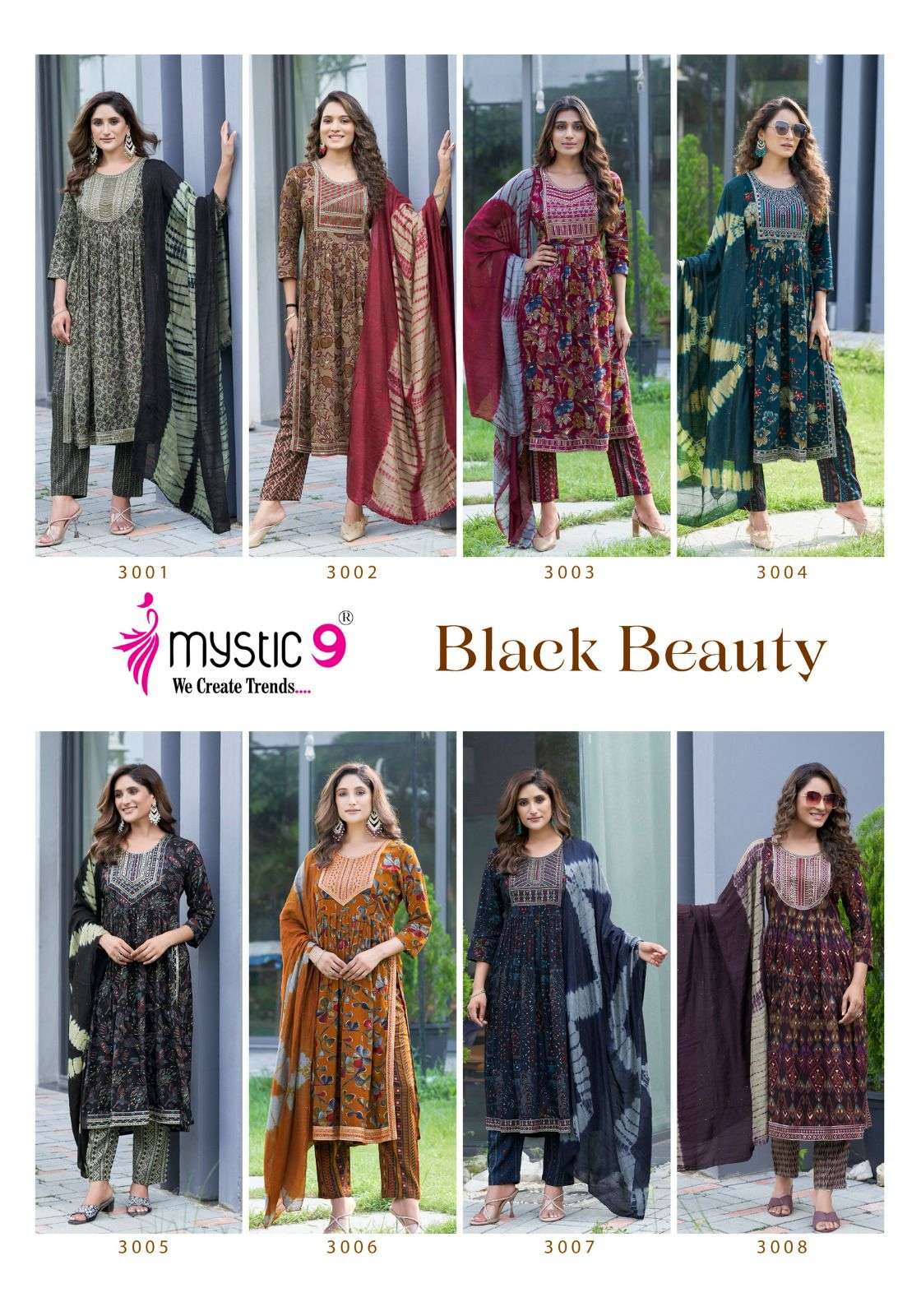 MYSTIC 9 BLACK BEAUTY VOL 3 NAIRA CUT PATTERN FANCY KURTI COMBO SET 