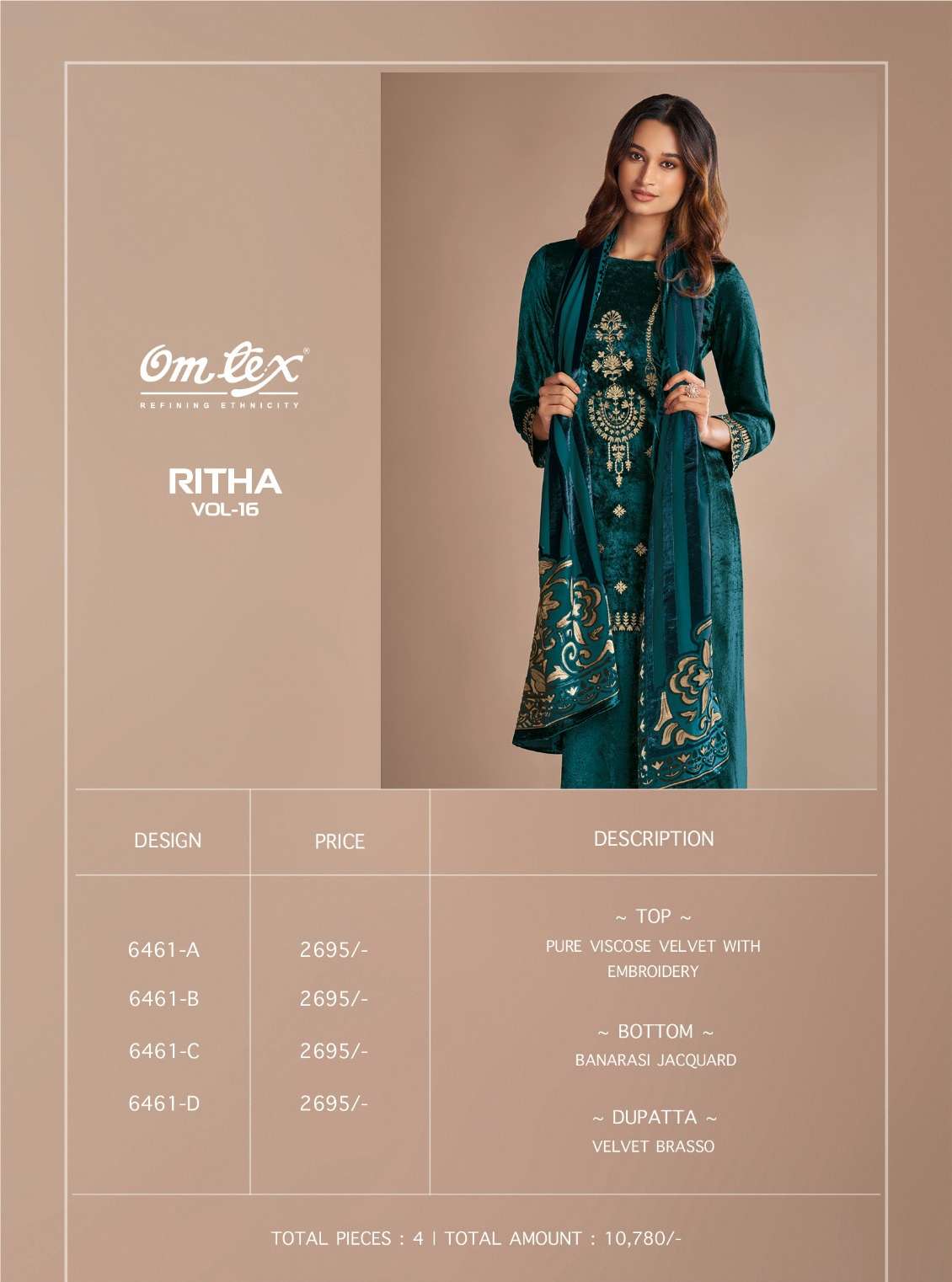 OMTEX RITHA VOL 16 VISCOSE VELVET WITH EMBROIDERY DESIGNER SUIT