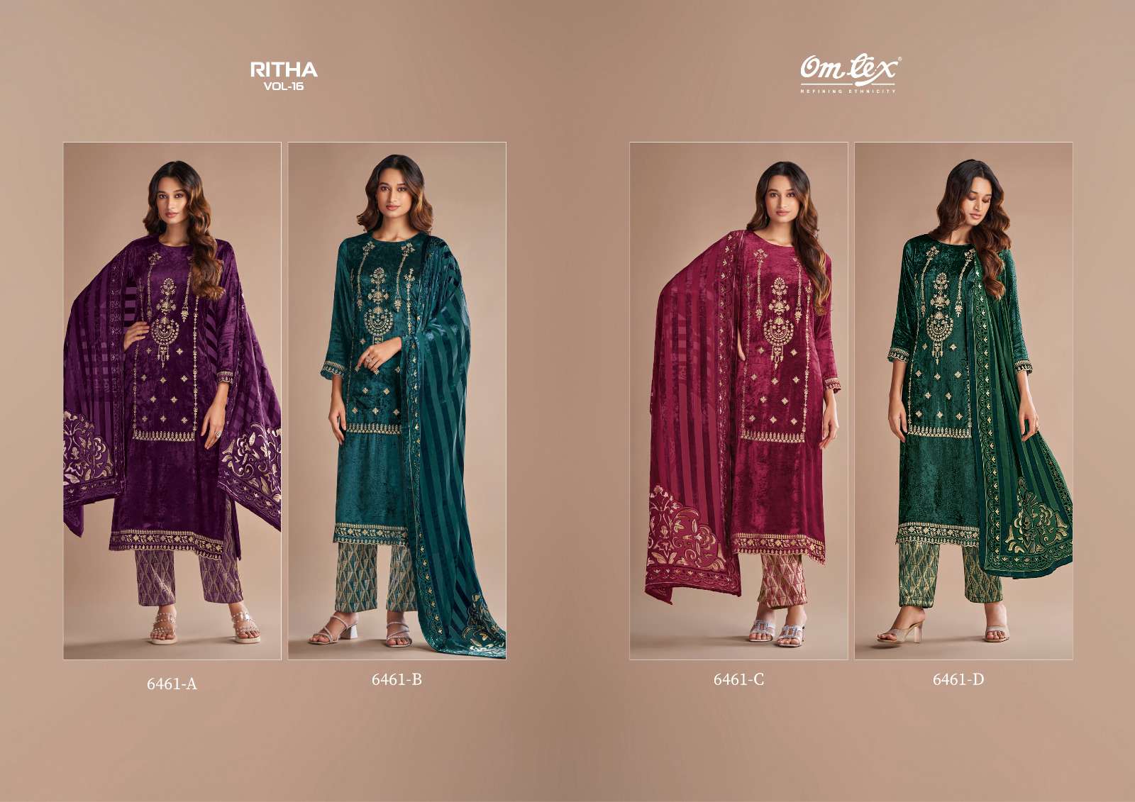 OMTEX RITHA VOL 16 VISCOSE VELVET WITH EMBROIDERY DESIGNER SUIT