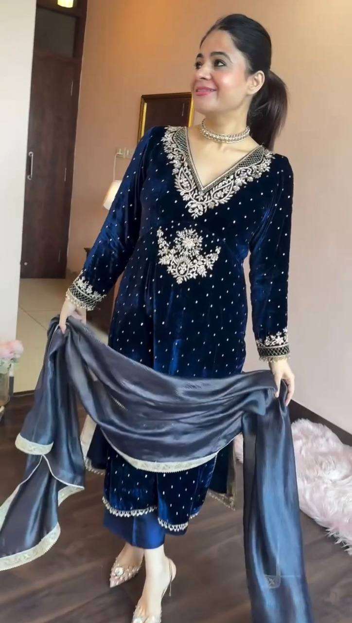 RTC 5771 VELVET DESIGNER KURTI WITH BOTTOM AND DUPATTA SET
