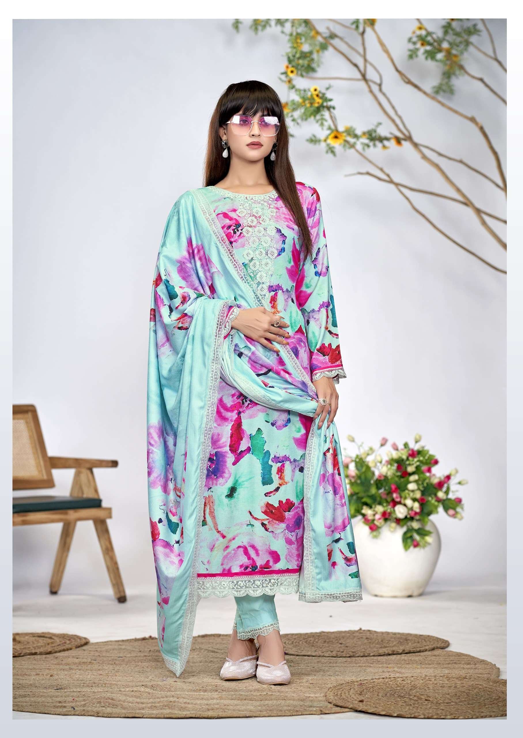 THE HERMITAGE SHOP KASHMIRI GARDEN LAWN COTTON DIGITAL PRINTS WITH FANCY WORK SUIT