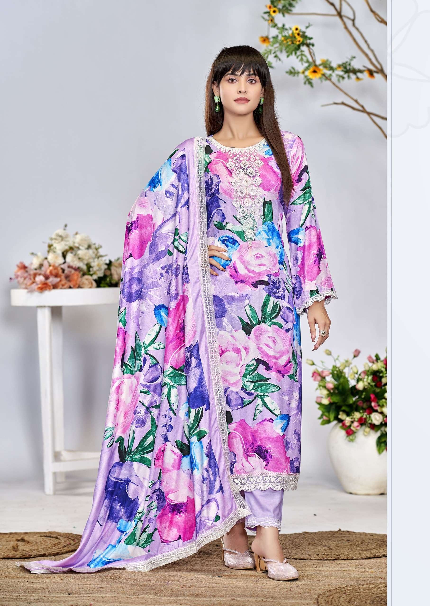 THE HERMITAGE SHOP KASHMIRI GARDEN LAWN COTTON DIGITAL PRINTS WITH FANCY WORK SUIT
