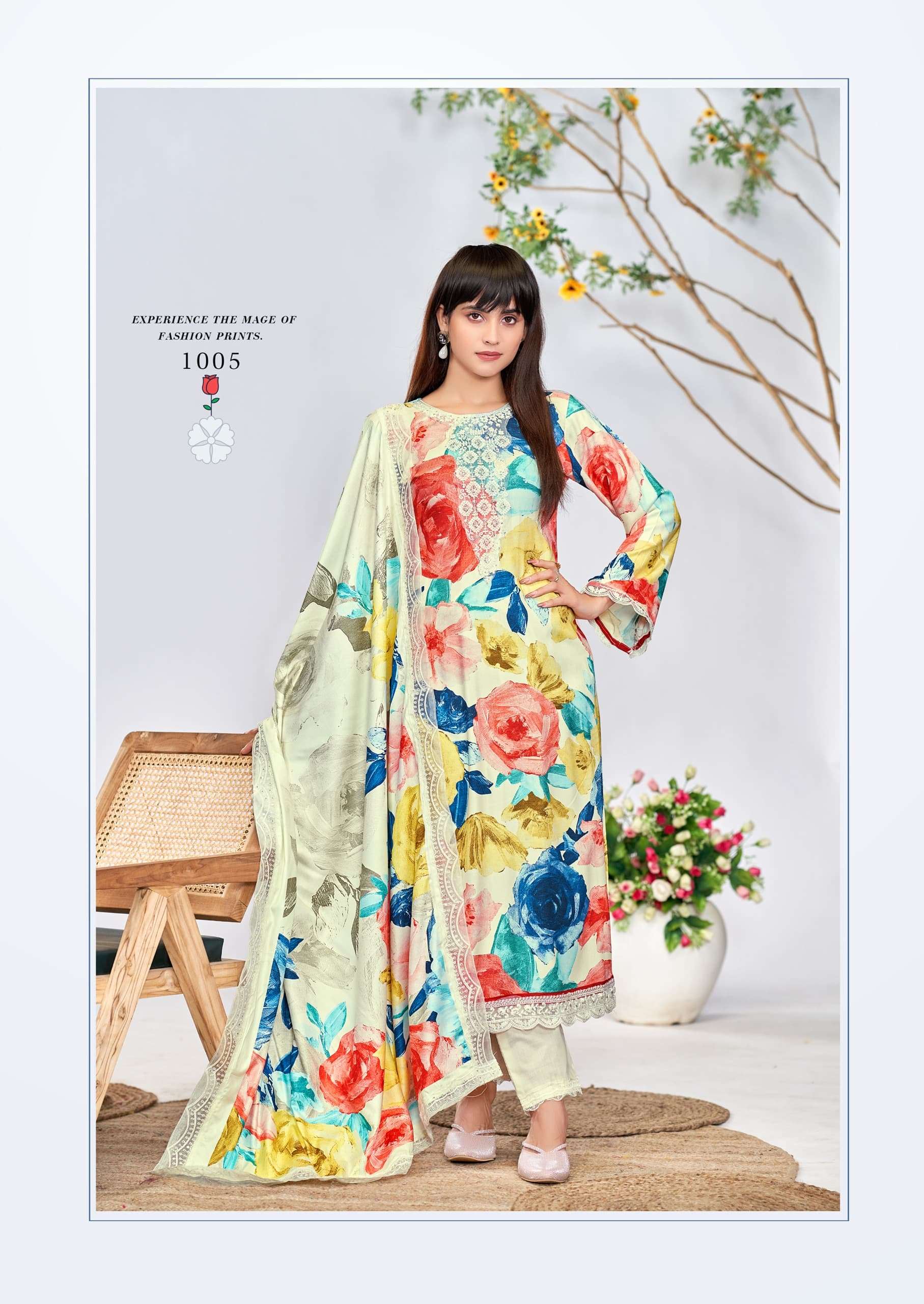 THE HERMITAGE SHOP KASHMIRI GARDEN LAWN COTTON DIGITAL PRINTS WITH FANCY WORK SUIT