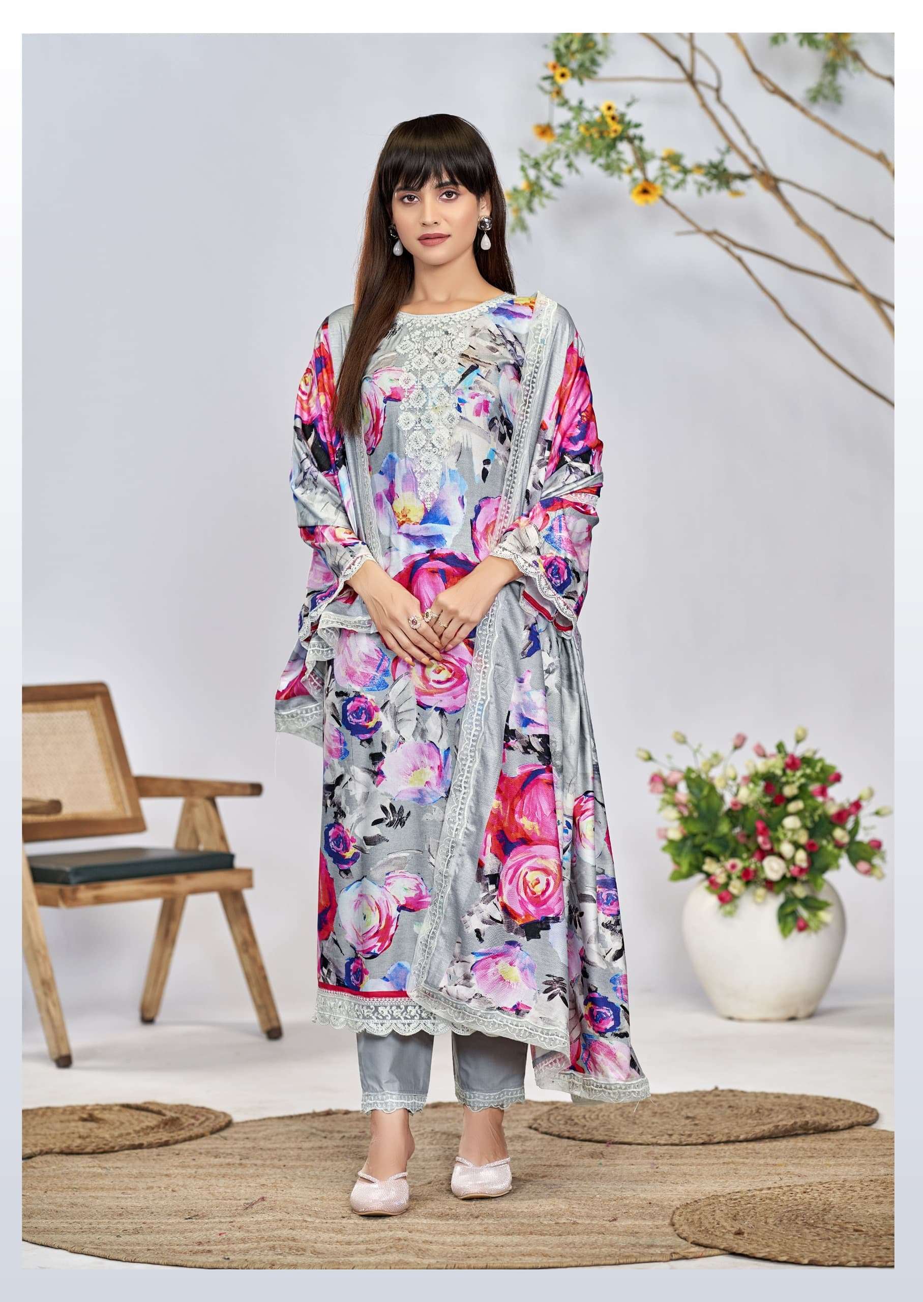 THE HERMITAGE SHOP KASHMIRI GARDEN LAWN COTTON DIGITAL PRINTS WITH FANCY WORK SUIT