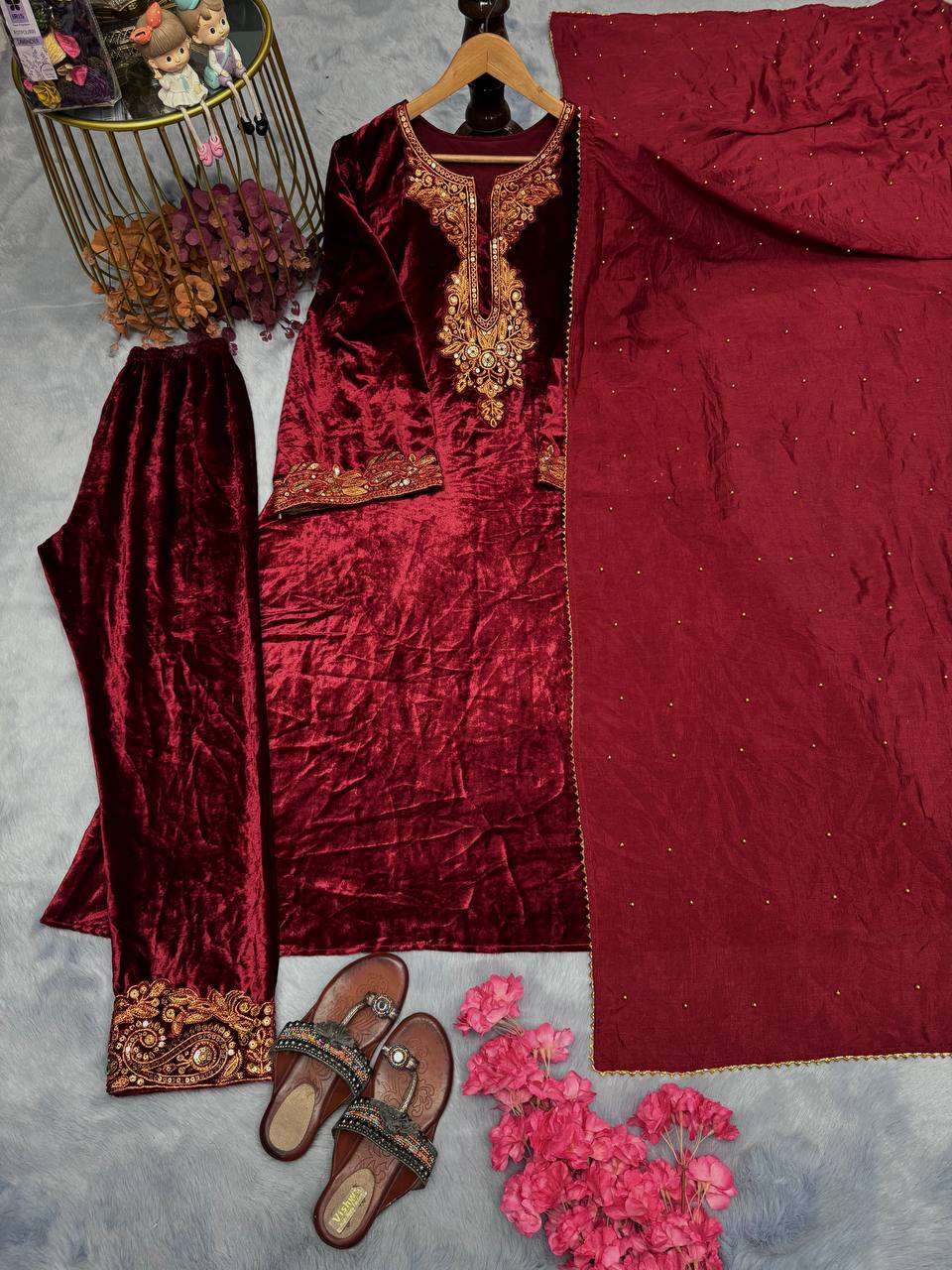 AD 182 MAROON VELVET DESIGNER PARTY WEAR SUIT