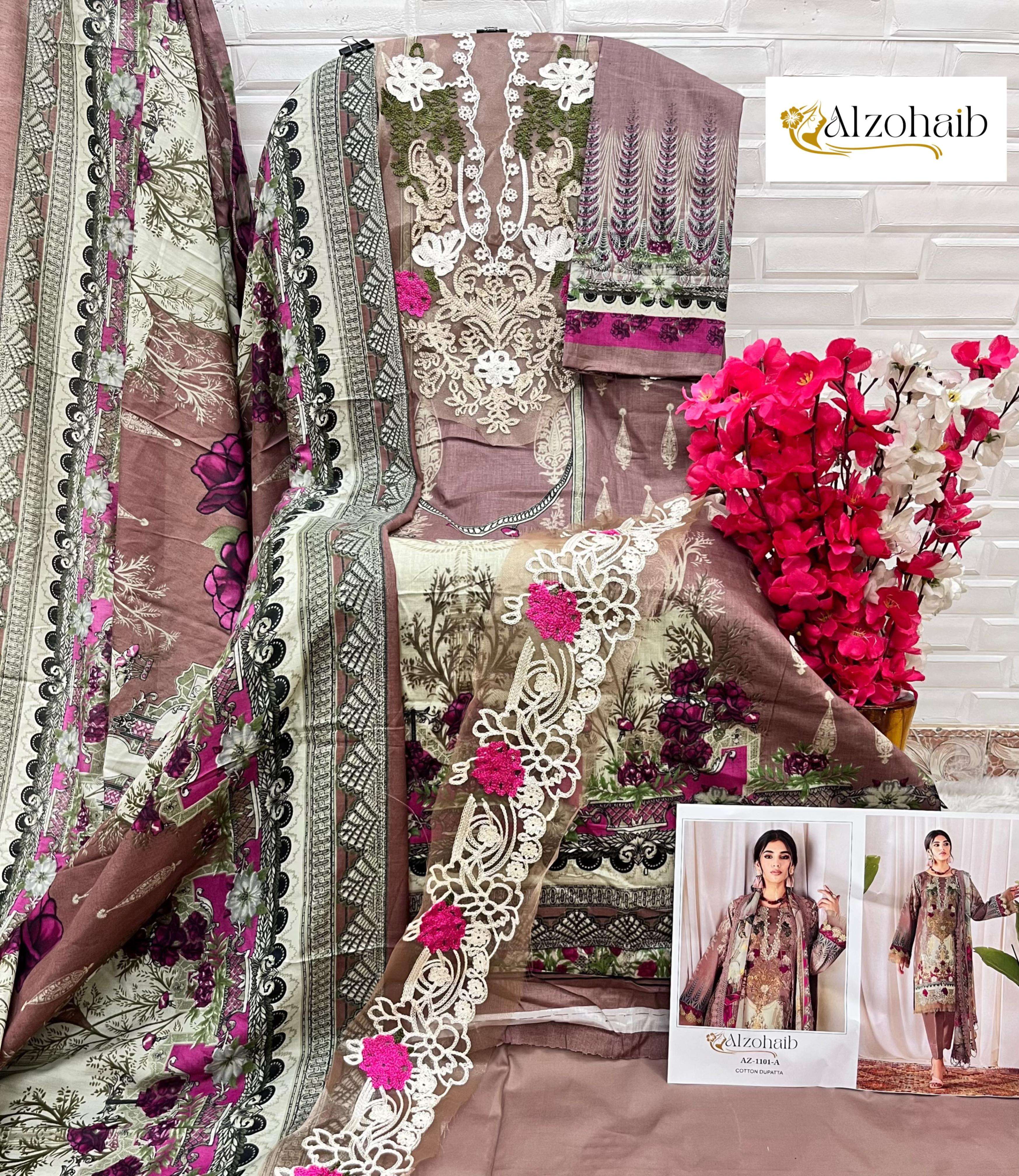 AL ZOHAIB DESIGN NO - 1101 PURE COTTON PRINT HEAVY EMBROIDERED PATCHES PAKISTANI SUIT