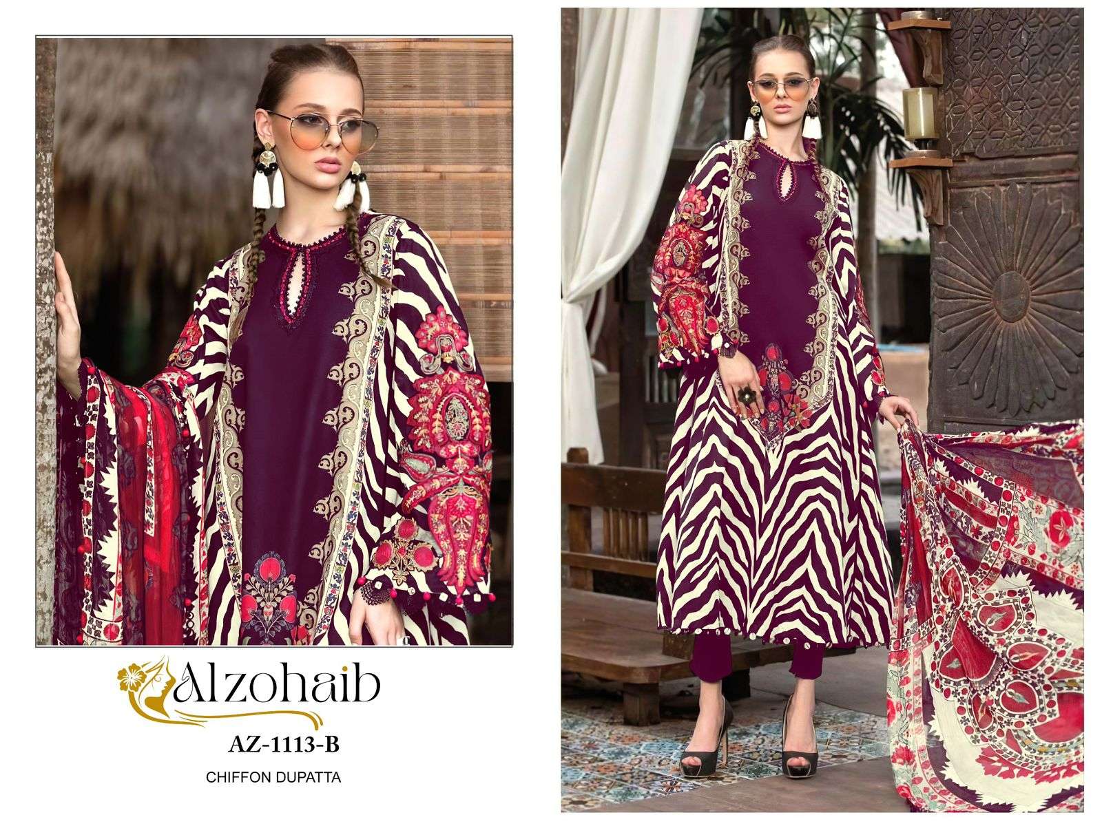 AL ZOHAIB DESIGN NO - 1113 AB PURE COTTON PRINT HEAVY EMBROIDERED PAKISTANI SALWAR SUIT