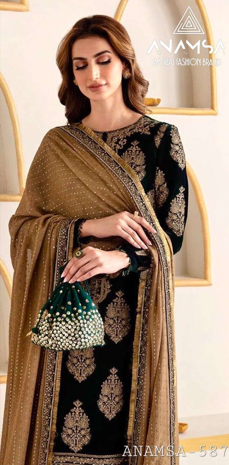 ANAMSA - 587 PURE VELVET HEAVY EMBROIDERED VERY BEAUTIFUL DESIGN PARTY WEAR SUIT
