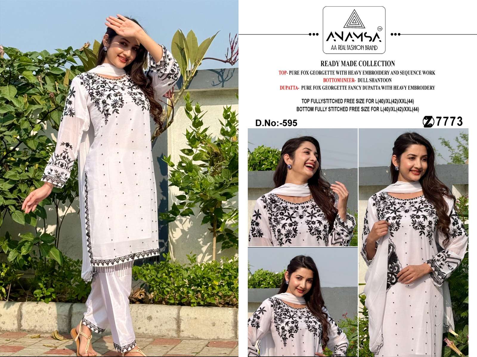ANAMSA - 595 PURE FOX GEORGETTE HEAVY EMBROIDERED BEAUTIFUL DESIGN READYMADE PARTY WEAR SUIT