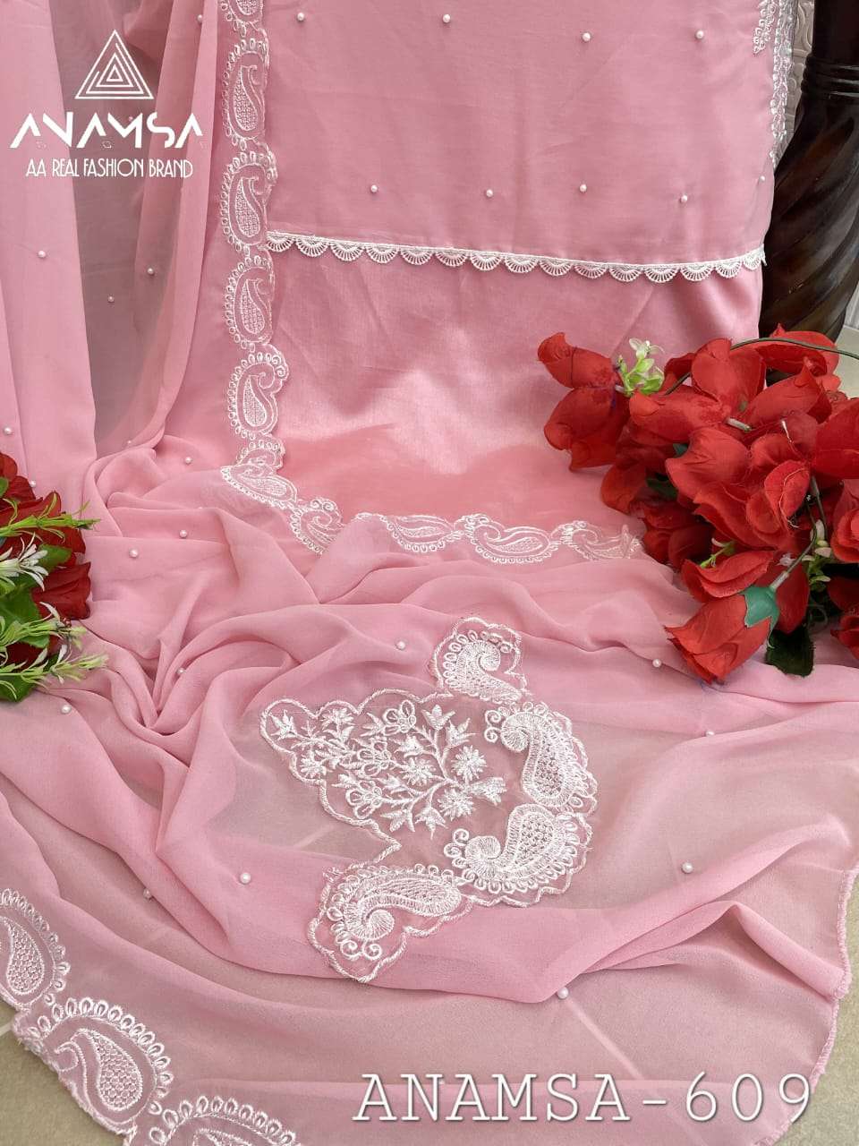 ANAMSA - 609 PURE FOX GEORGETTE HEAVY EMBROIDERED BEAUTIFUL DESIGN PARTY WEAR SUIT