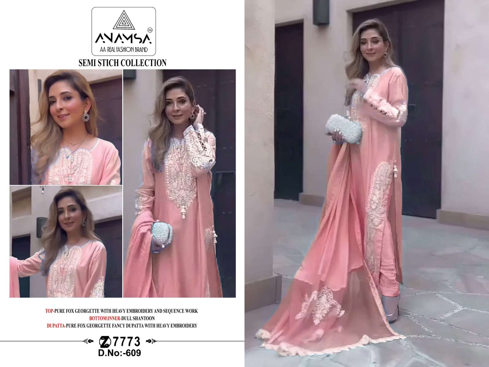 ANAMSA - 609 PURE FOX GEORGETTE HEAVY EMBROIDERED BEAUTIFUL DESIGN PARTY WEAR SUIT