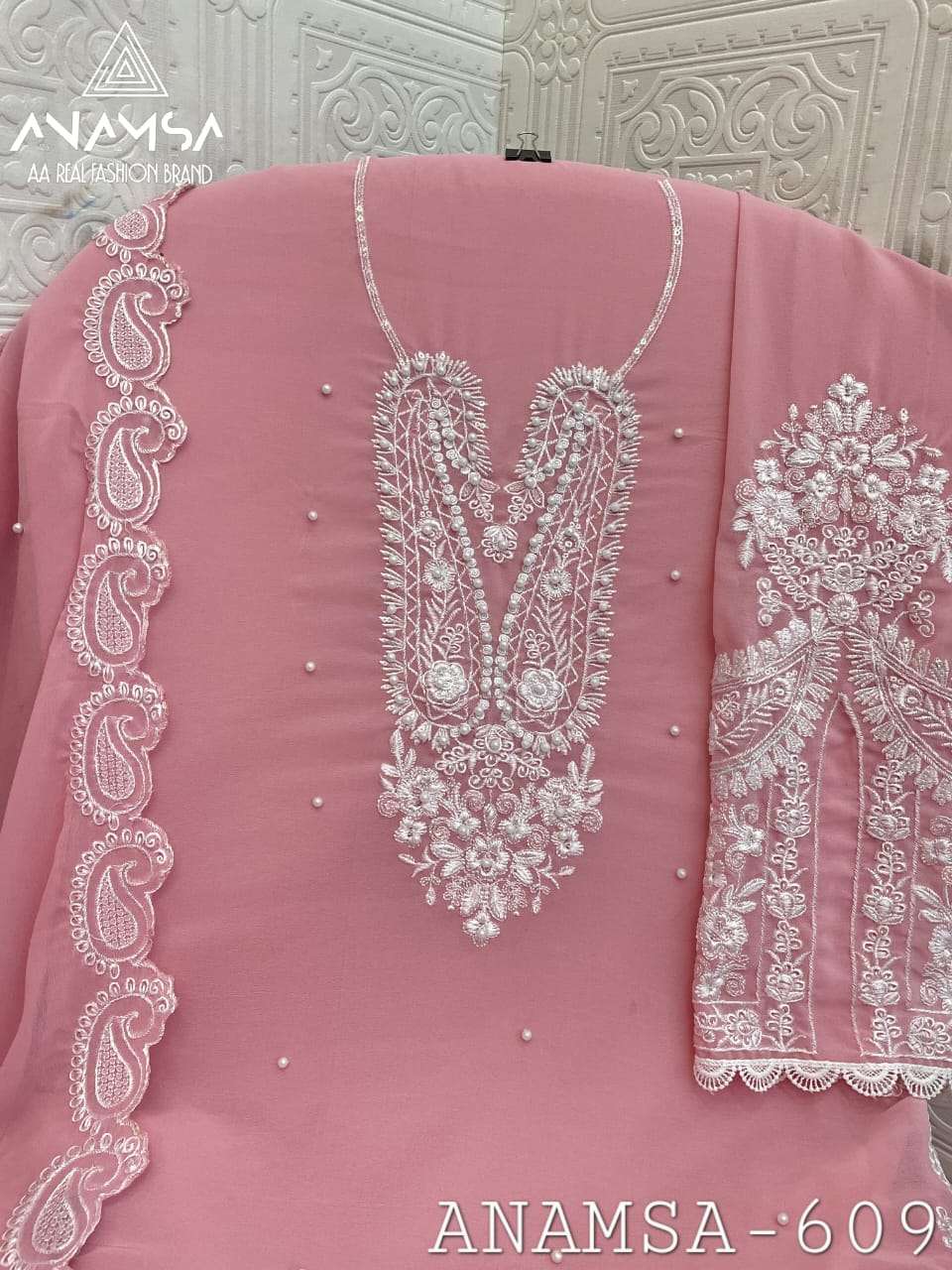 ANAMSA - 609 PURE FOX GEORGETTE HEAVY EMBROIDERED BEAUTIFUL DESIGN PARTY WEAR SUIT