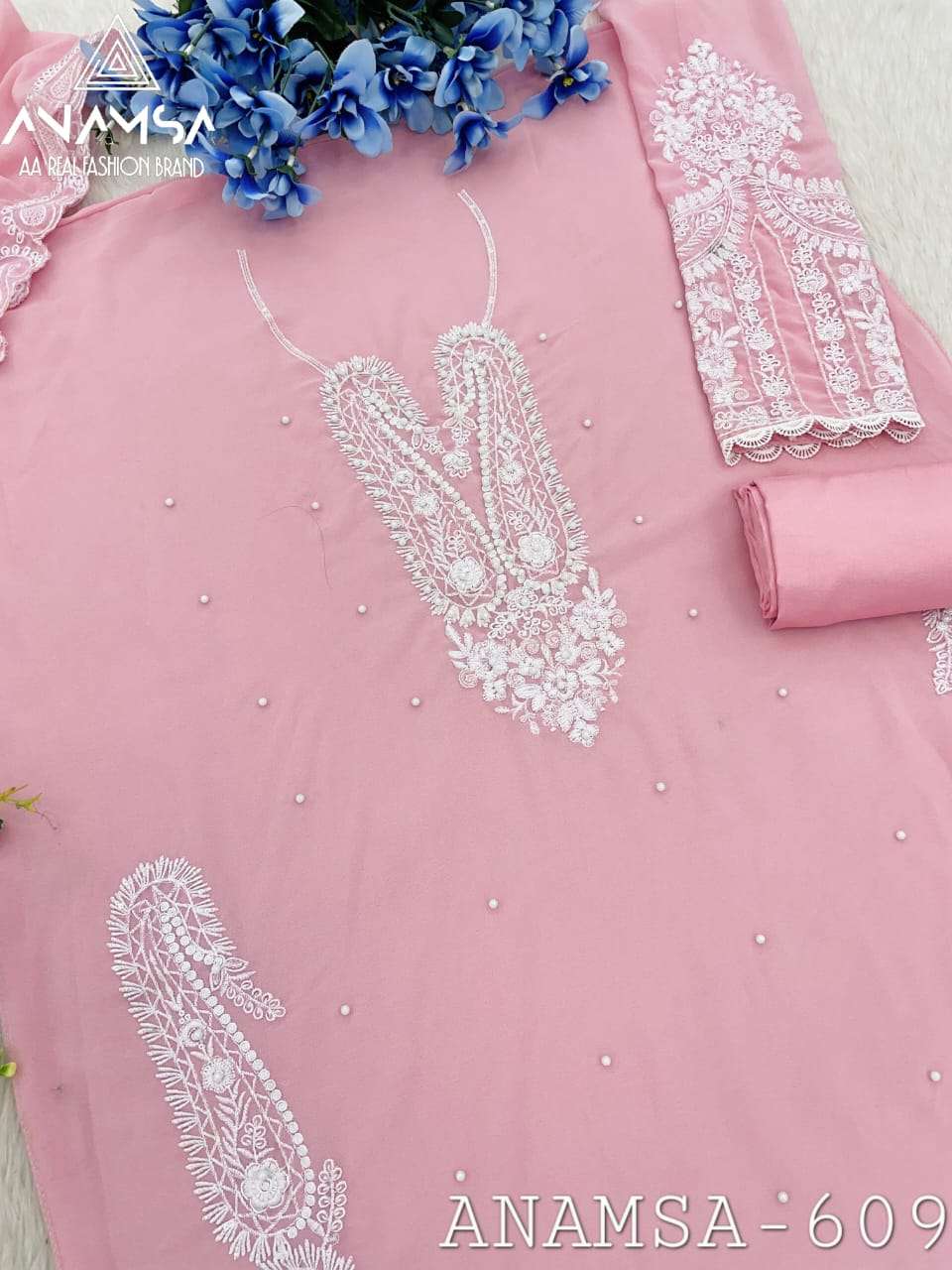 ANAMSA - 609 PURE FOX GEORGETTE HEAVY EMBROIDERED BEAUTIFUL DESIGN PARTY WEAR SUIT