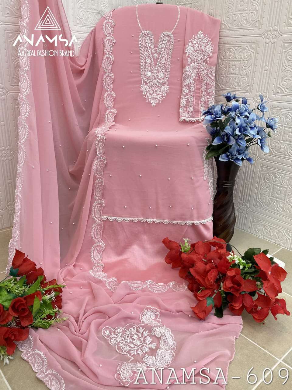 ANAMSA - 609 PURE FOX GEORGETTE HEAVY EMBROIDERED BEAUTIFUL DESIGN PARTY WEAR SUIT