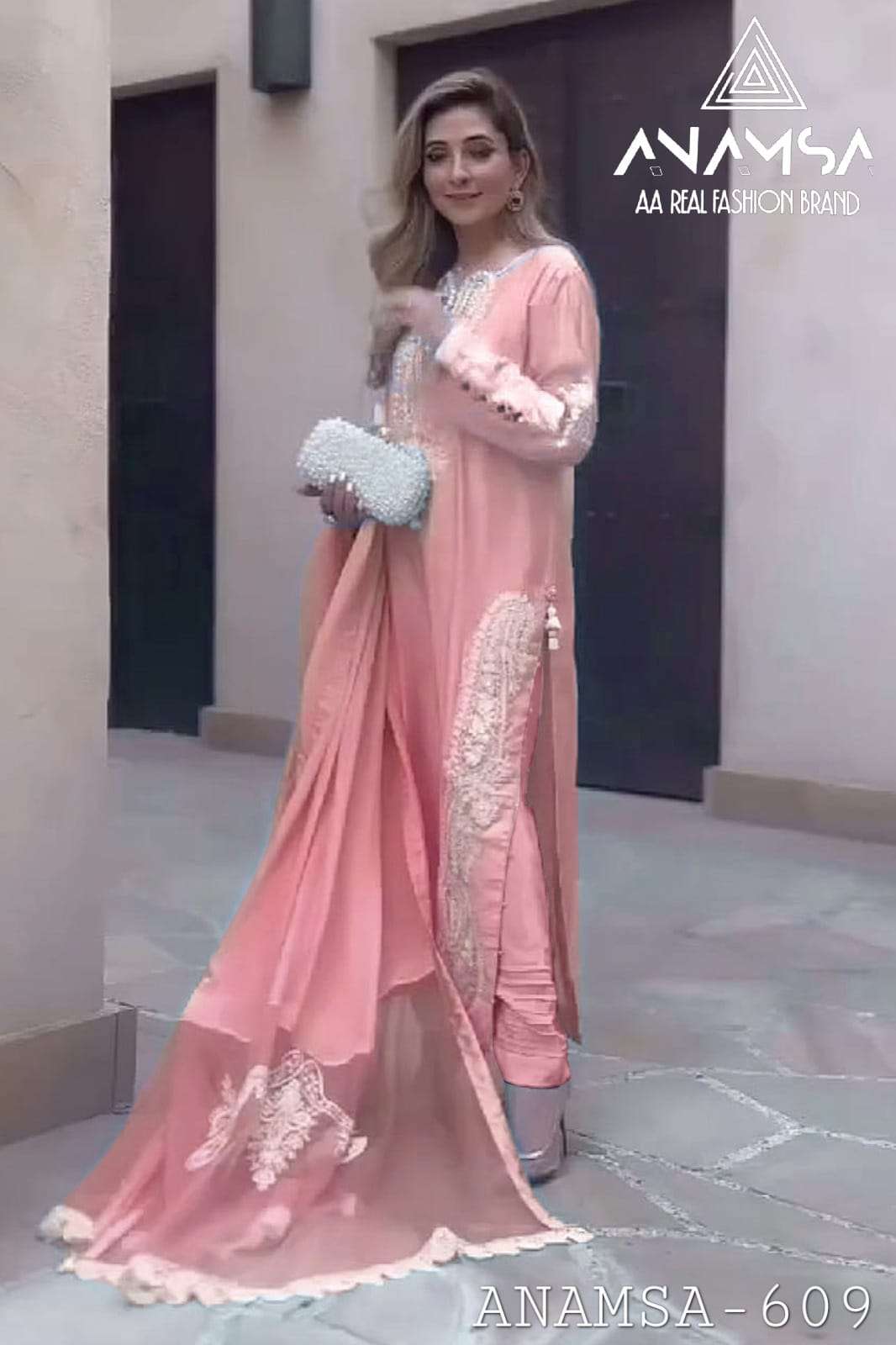 ANAMSA - 609 PURE FOX GEORGETTE HEAVY EMBROIDERED BEAUTIFUL DESIGN PARTY WEAR SUIT