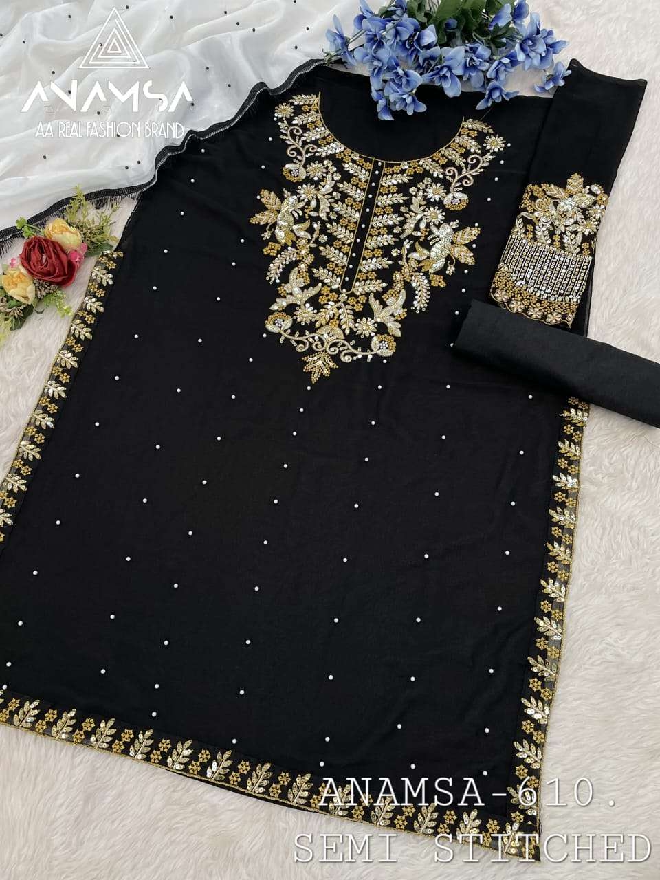 ANAMSA - 610 PURE FOX GEORGETTE HEAVY EMBROIDERED VEY BEAUTIFUL DESIGN PARTY WEAR SUIT