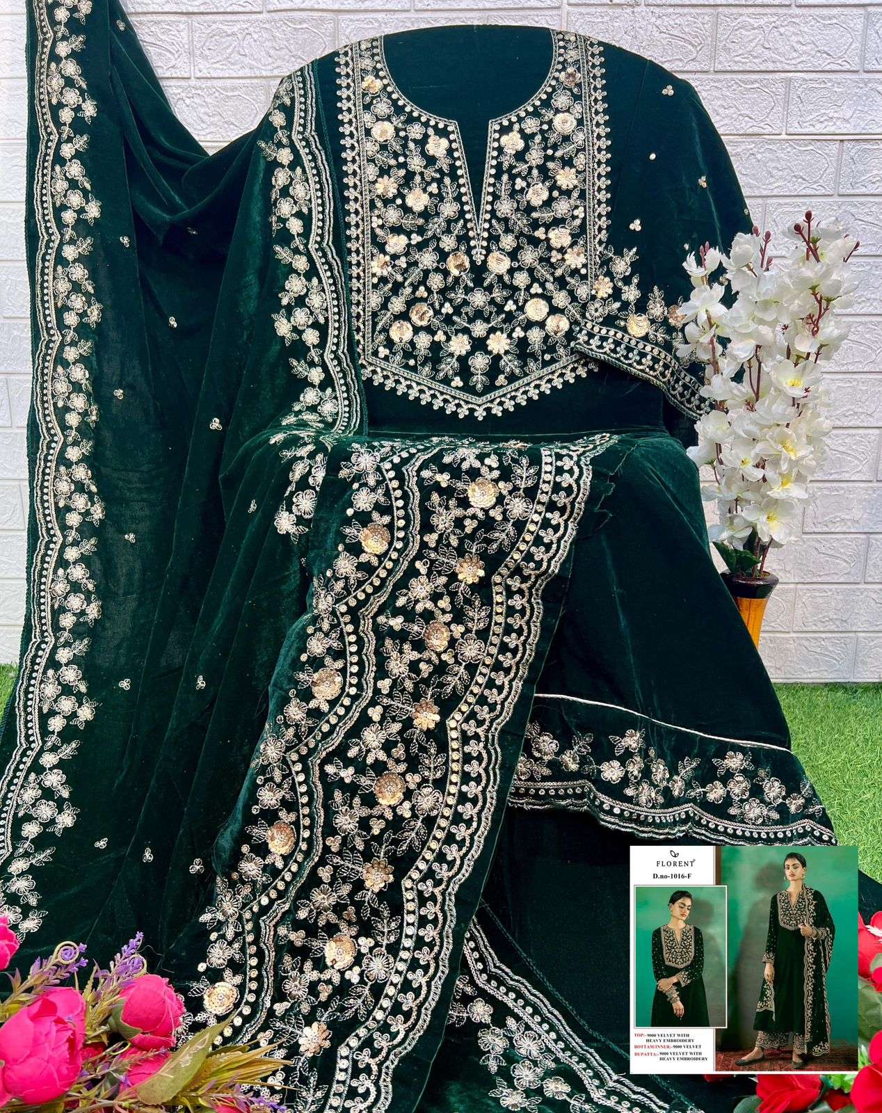 FLORENT TM DESIGN NO - 1016 EFGHI VELVET HEAVY EMBROIDERED PAKISTANI SUIT