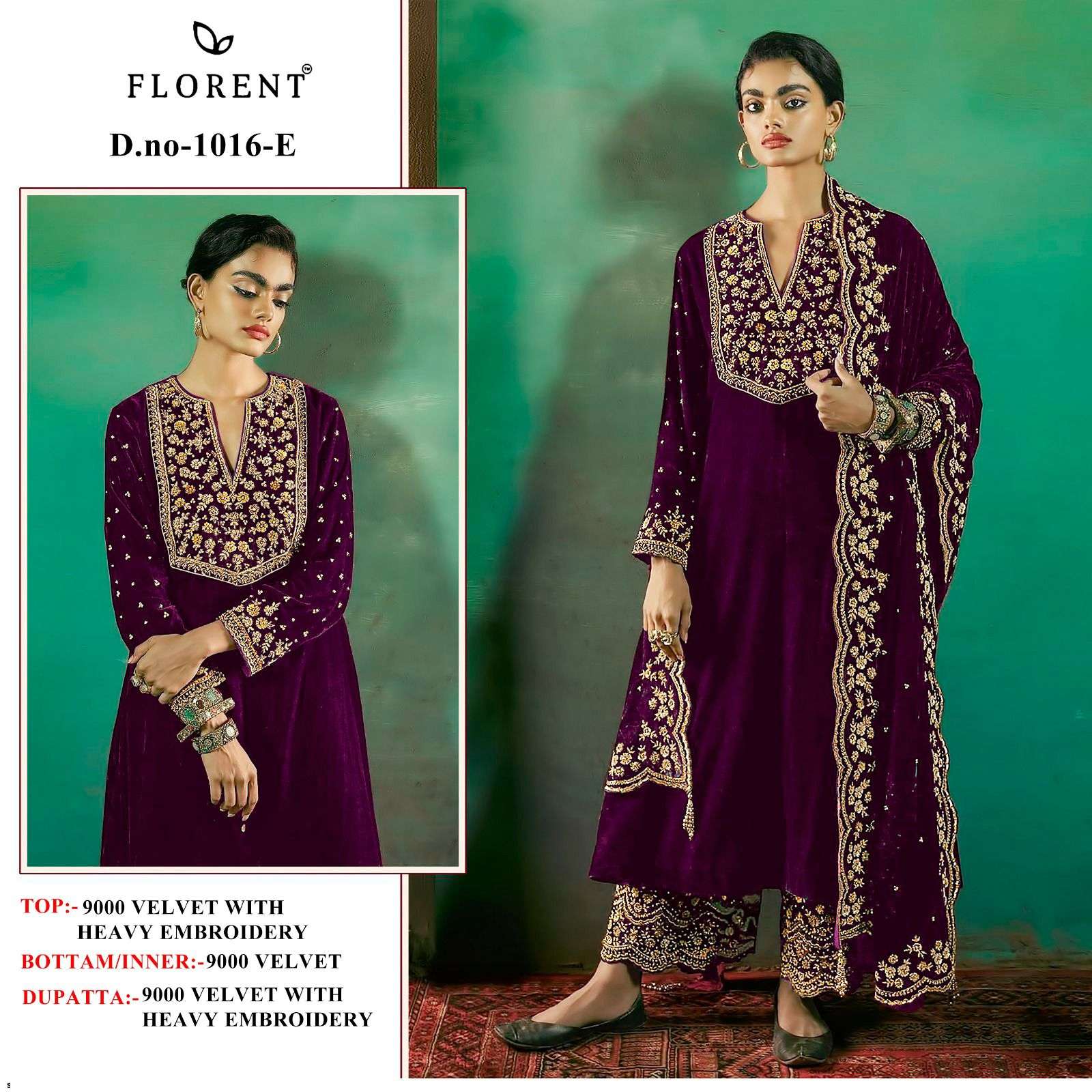 FLORENT TM DESIGN NO - 1016 EFGHI VELVET HEAVY EMBROIDERED PAKISTANI SUIT