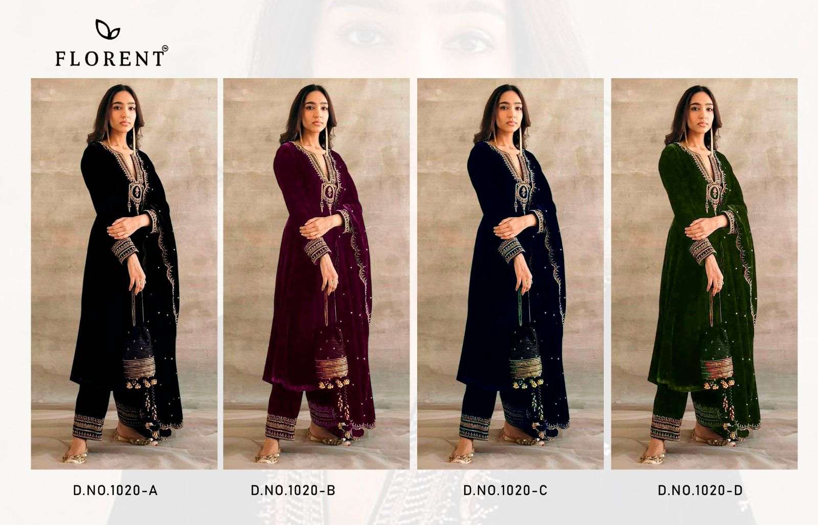 FLORENT TM DESIGN NO - 1020 ABCD VELVET HEAVY EMBROIDERED PARTY WEAR SUIT