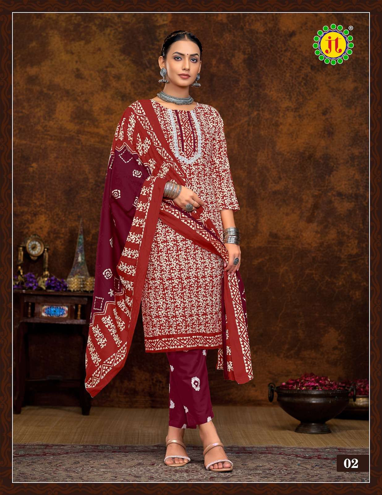 JT MUSKAN COTTON BATIK PRINT LADIES KURTI COMBO SET 