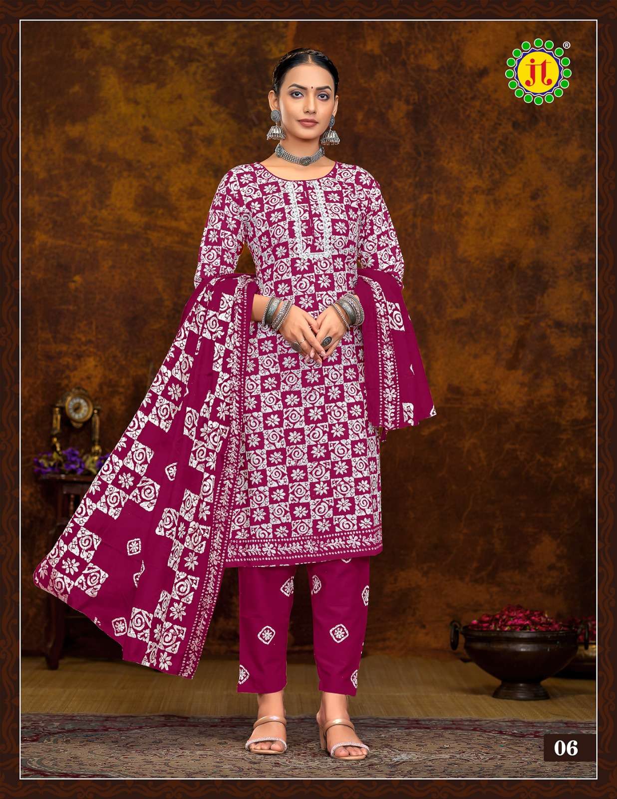 JT MUSKAN COTTON BATIK PRINT LADIES KURTI COMBO SET 