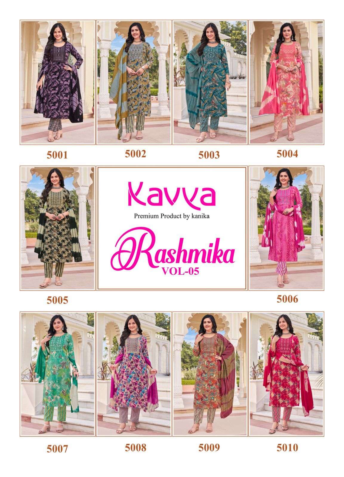 KAVYA RASHMIKA VOL 5 RAYON PRINTED LADIES KURTI COMBO SET 